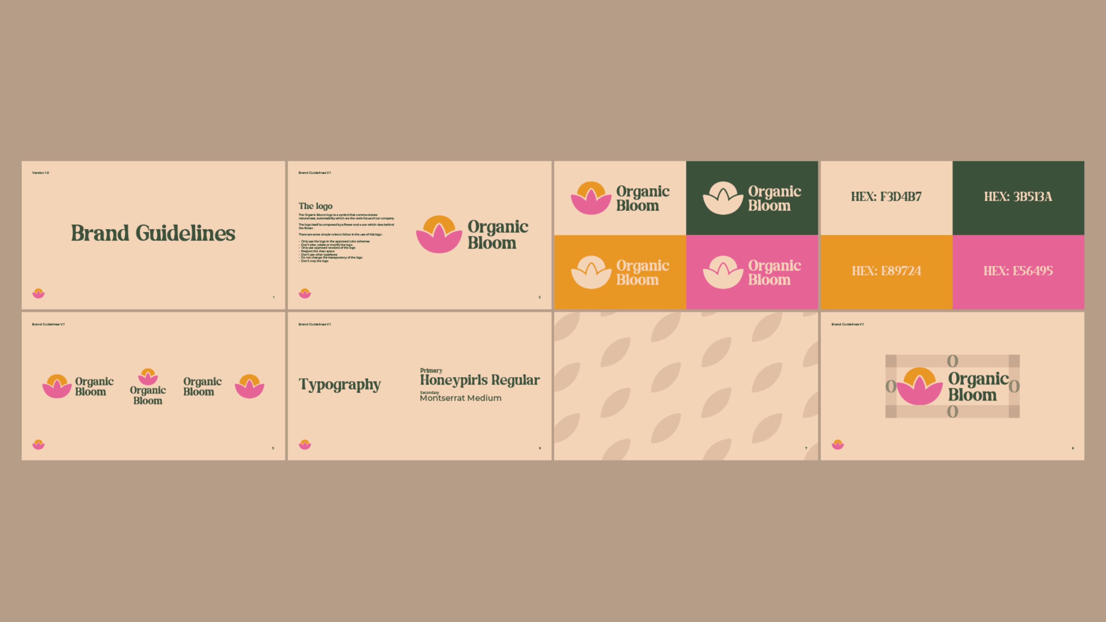 A preview of Organic Bloom's Brand Guidelines. From left to right on the first row: Brand Guidelines cover, logo showcase, logo color applications, color palette. On the second row from left to right: logo variations, typography, pattern, logo spacing