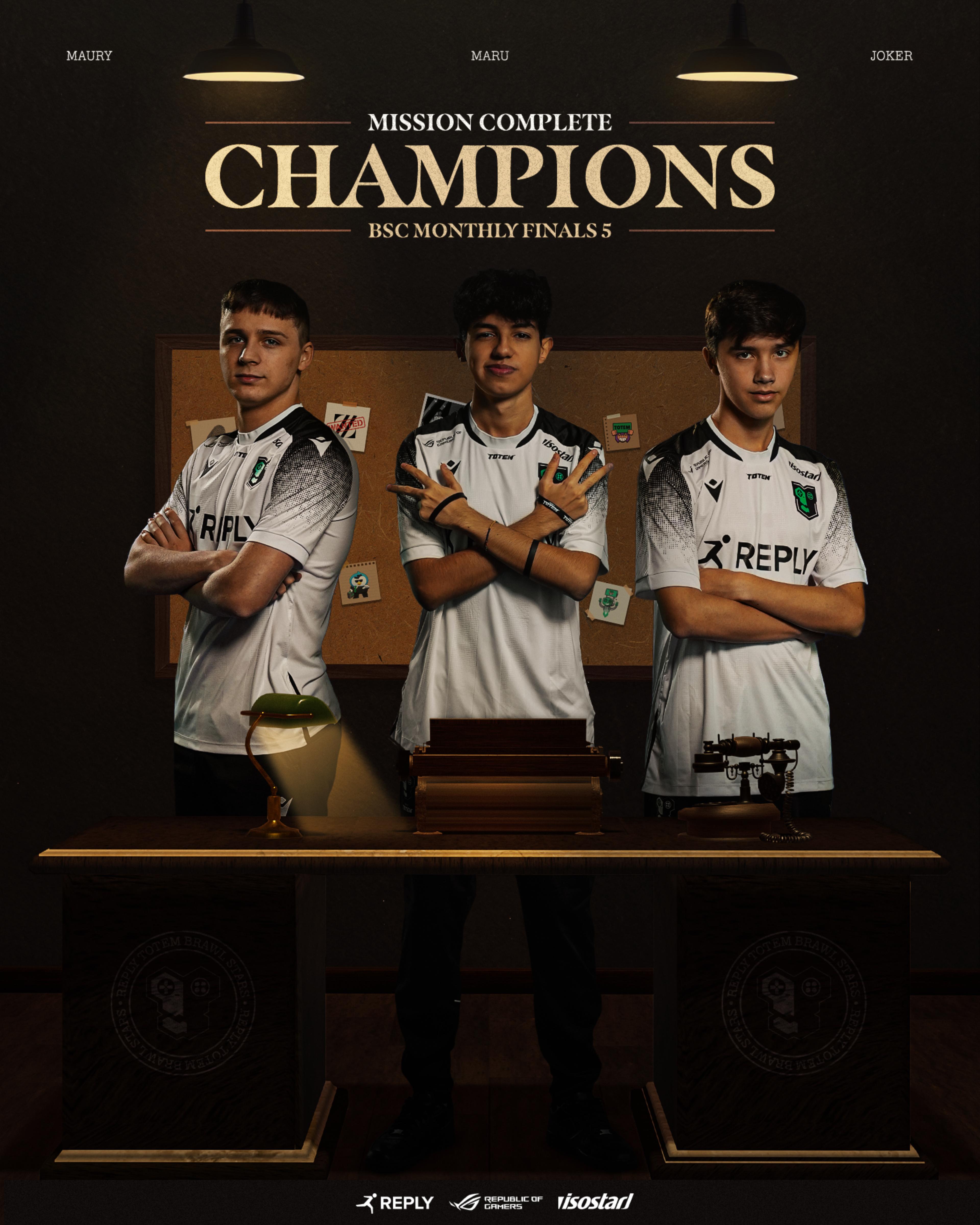 From left to right: Maury, Maru and Joker in a detective room, in front of them a desk with a light, a typewriter and an old phone, behind them a board with clues about their secret mission. The text in the graphic says "Mission Complete CHAMPIONS BSC Monthly Finals 5"