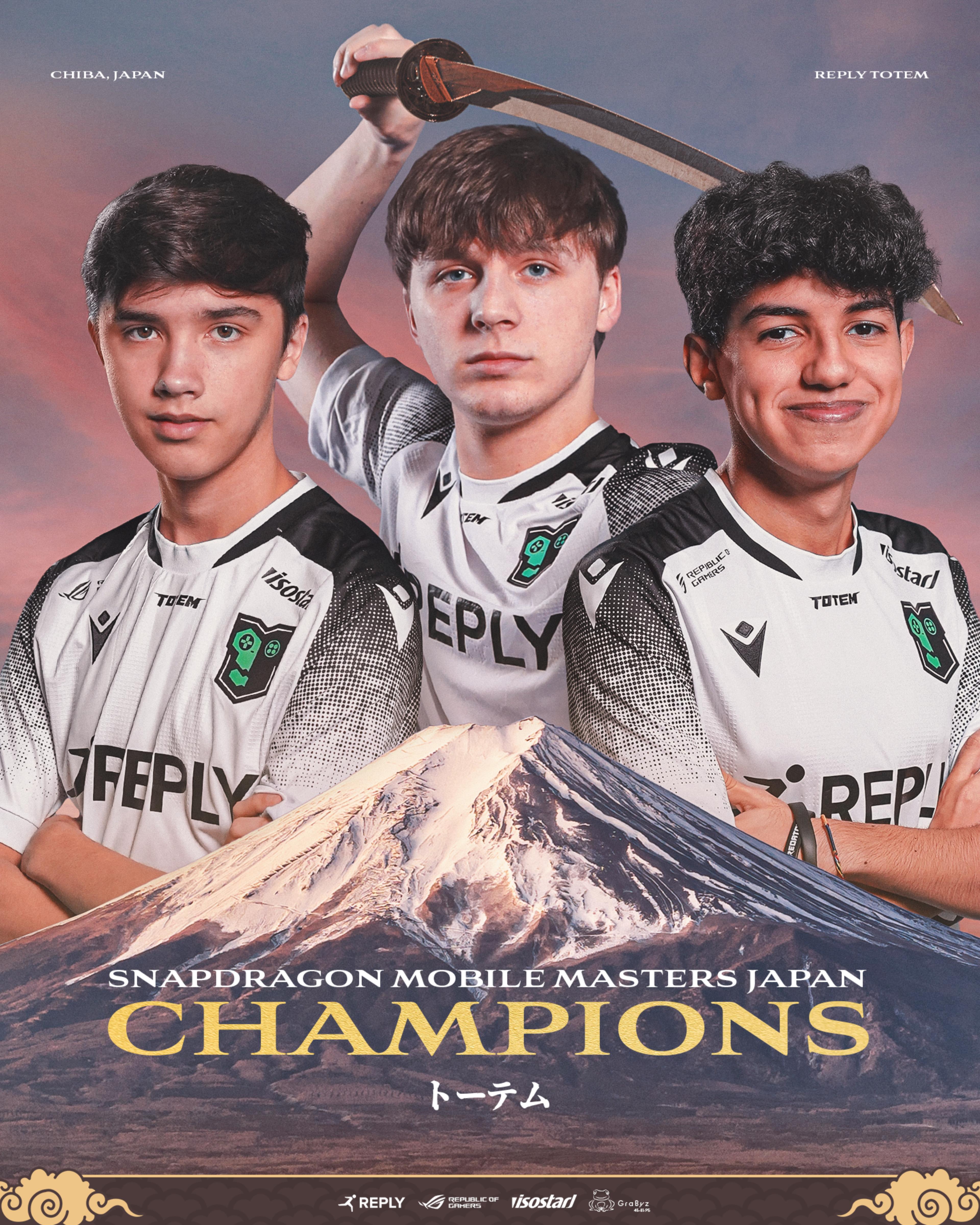 The champions posters for the Masters Japan event. SNAPDRAGON MOBILE MASTERS JAPAN - CHAMPIONS. The three player and behind Mount Fuji, from left to right: Joker, Maury holding a katana and Maru 