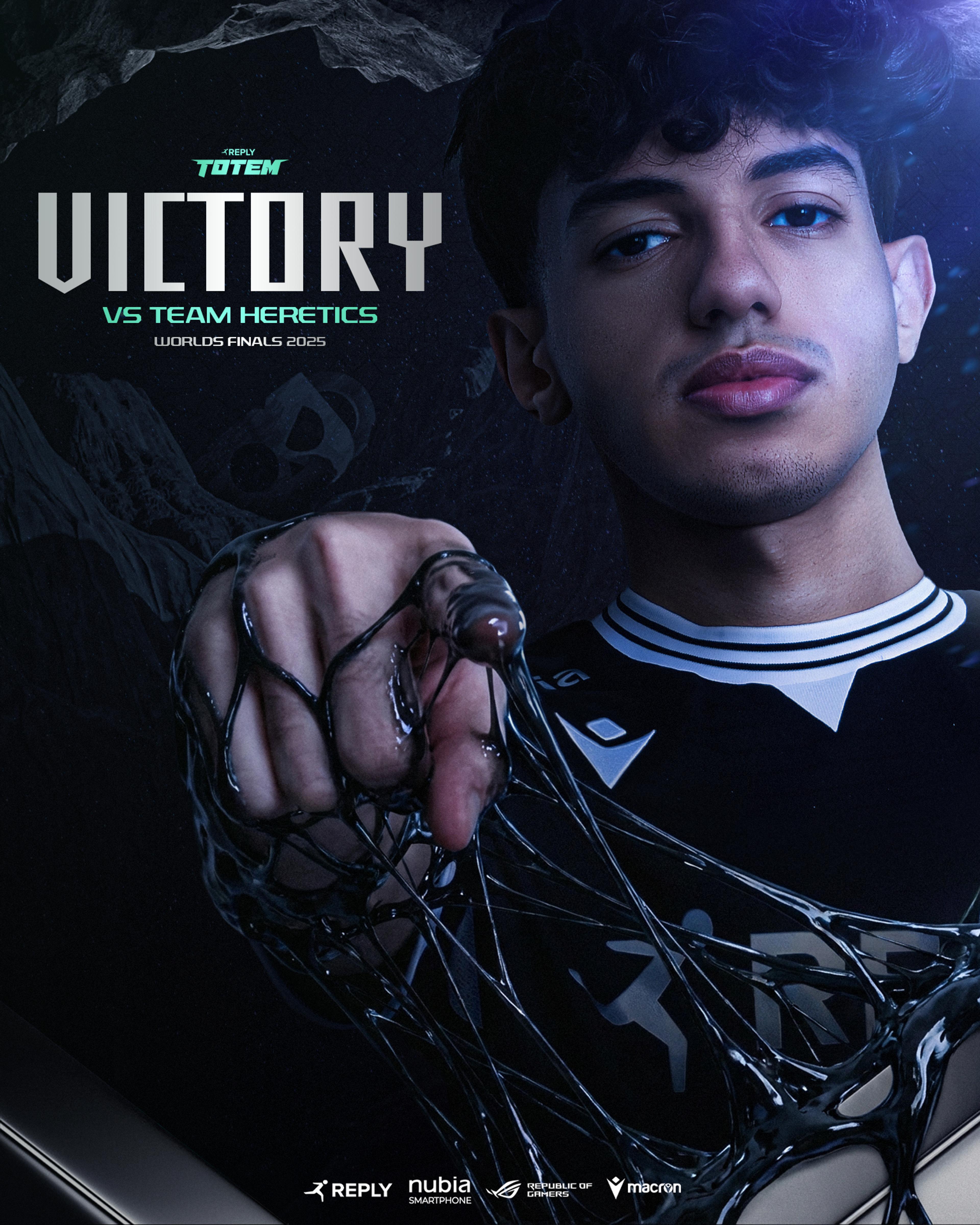 Victory poster featuring Maru. in a dark cave with metal details. VICTORY VS TEAM HERETICS. WORLDS FINALS 2025