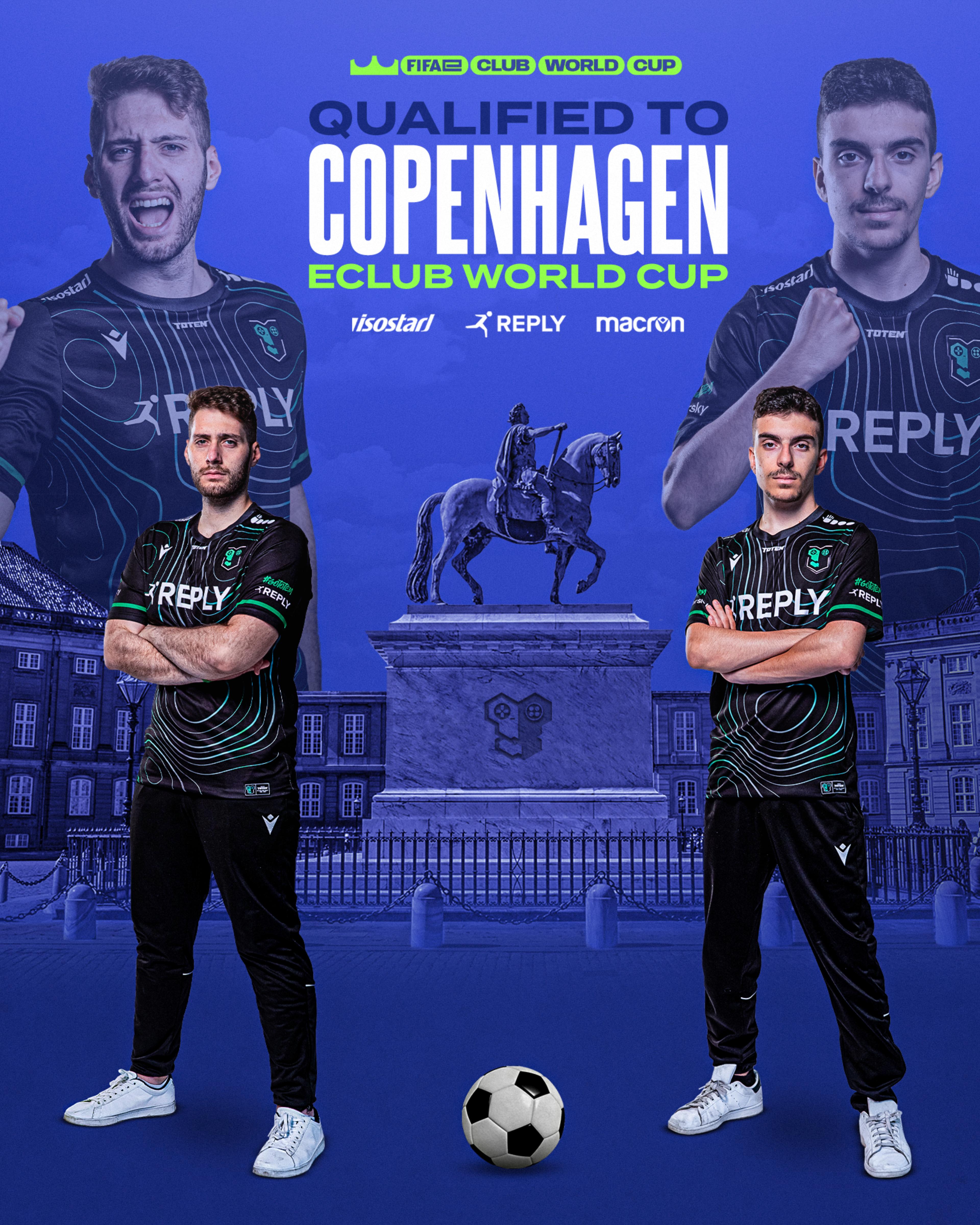 The qualification graphic for the FIFAE Club World Cup. From left to right Santill1 and Montaxer standing on the ground near the "Equestian statue of Frederick V" in Copenhagen. "Qualified to Copenhagen - Eclub World Cup"