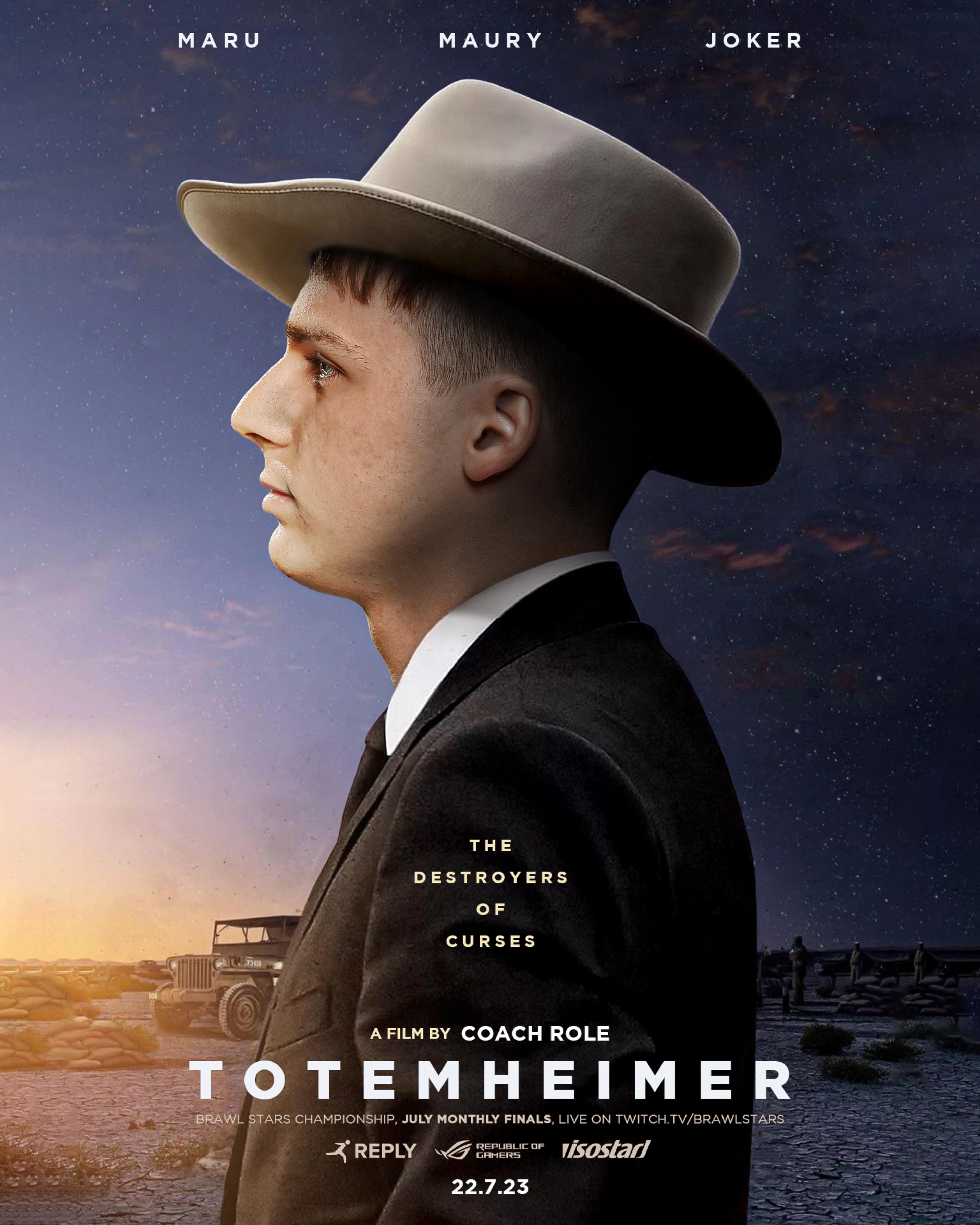 Reply Totem's version of the poster for the movie "Oppenheimer" it shows a sideview of one of Maury with a hat, on the back the desert. The text says "The destroyer of curses" "A film by COACH ROLE" "Totemheimer" 