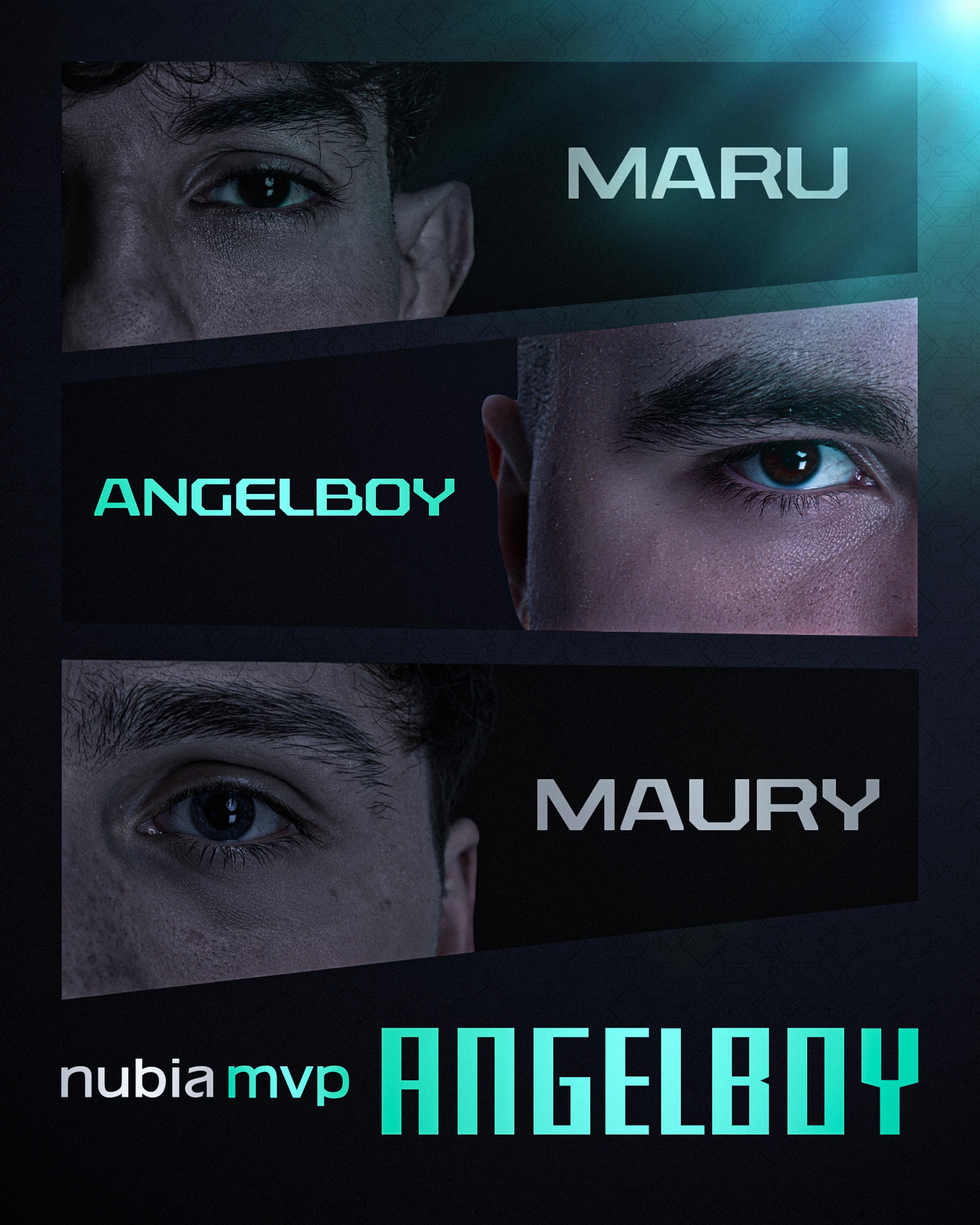 MVP winning graphic showing frames of the Totem players from top to bottom. Maru, Angelboy, Maury. Angelboy is the only frame lightened up as he is the winner of the MVP. NUBIA MVP - ANGELBOY