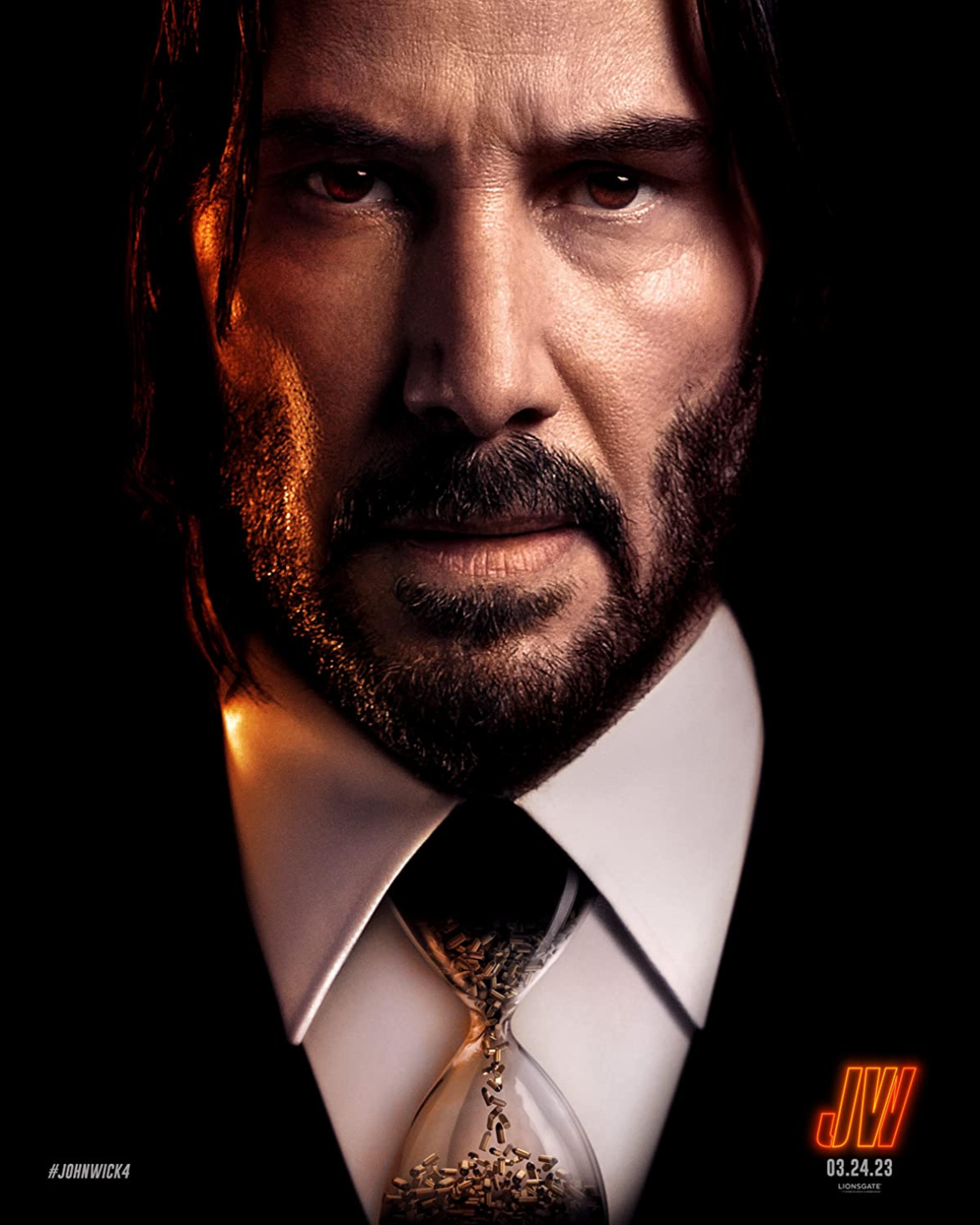 The movie poster for "John Wick 4" showing the character with an elegant jacket 03.24.23 and an hourglass as a tie full of bullets the text says JW