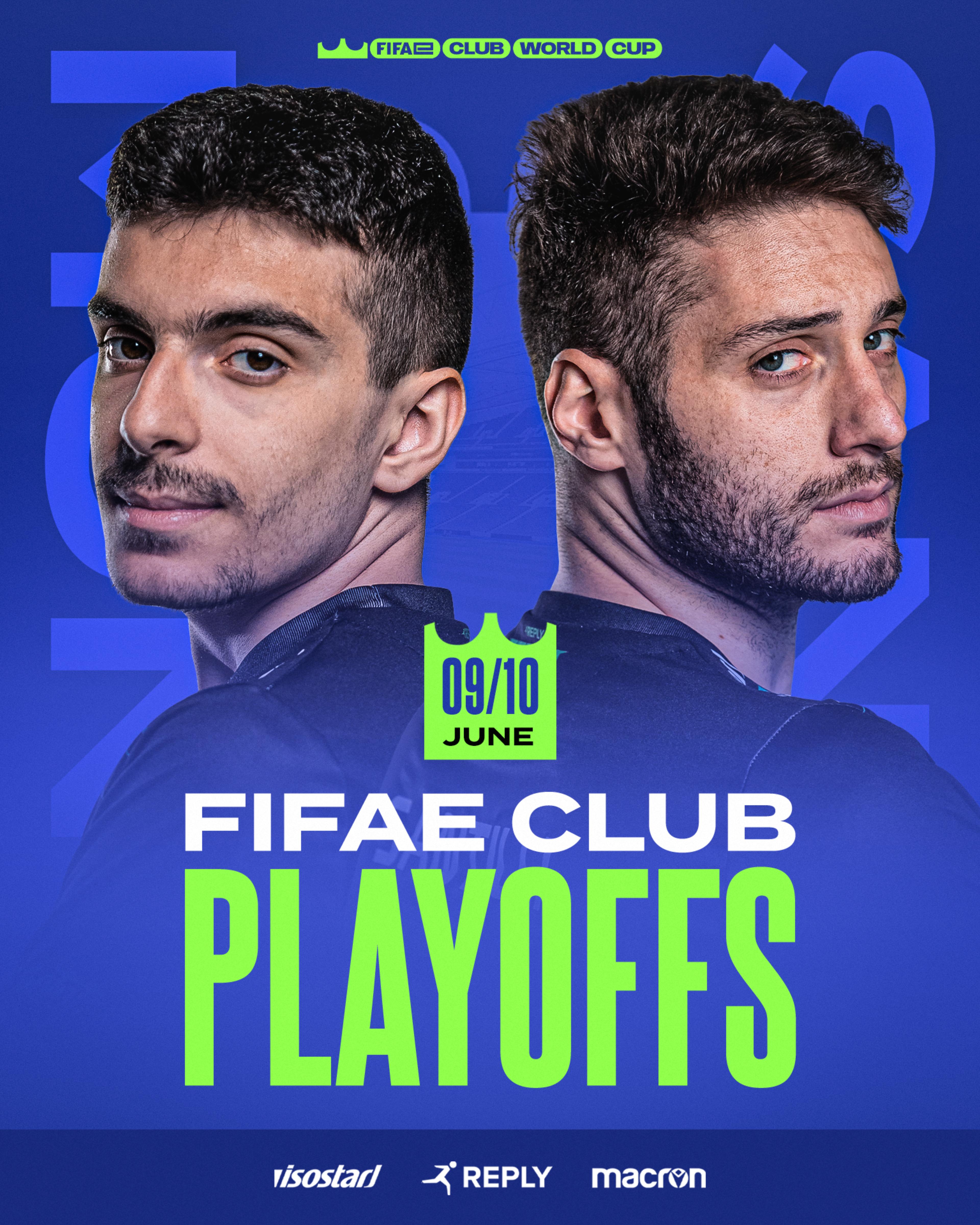 Montaxer and Santill1 standing side by side on the FIFAE Club Playoffs announcement graphic