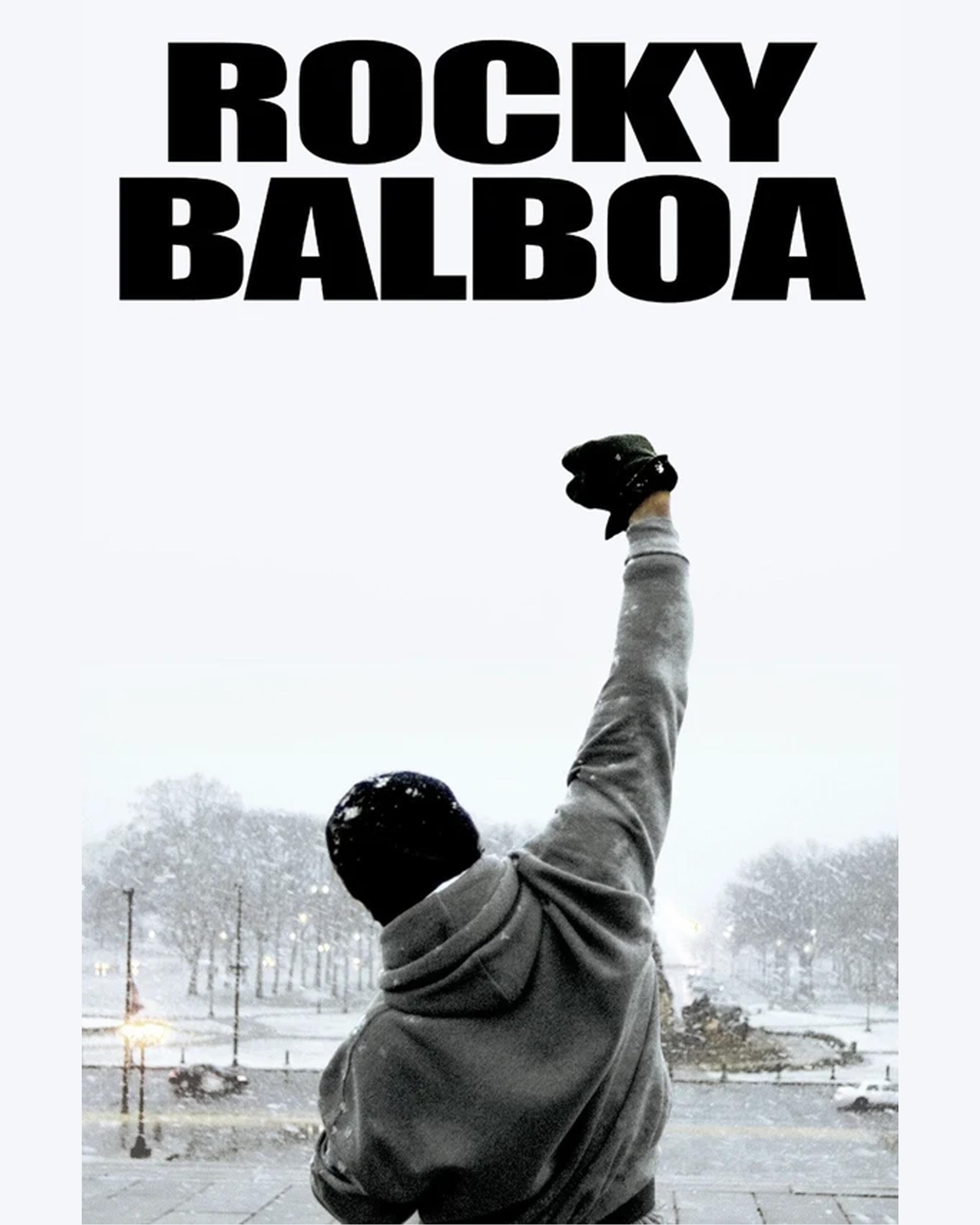 Poster of the Rocky movie. Featuring Rocky Balboa lifting his fist in celebration. ROCKY BALBOA