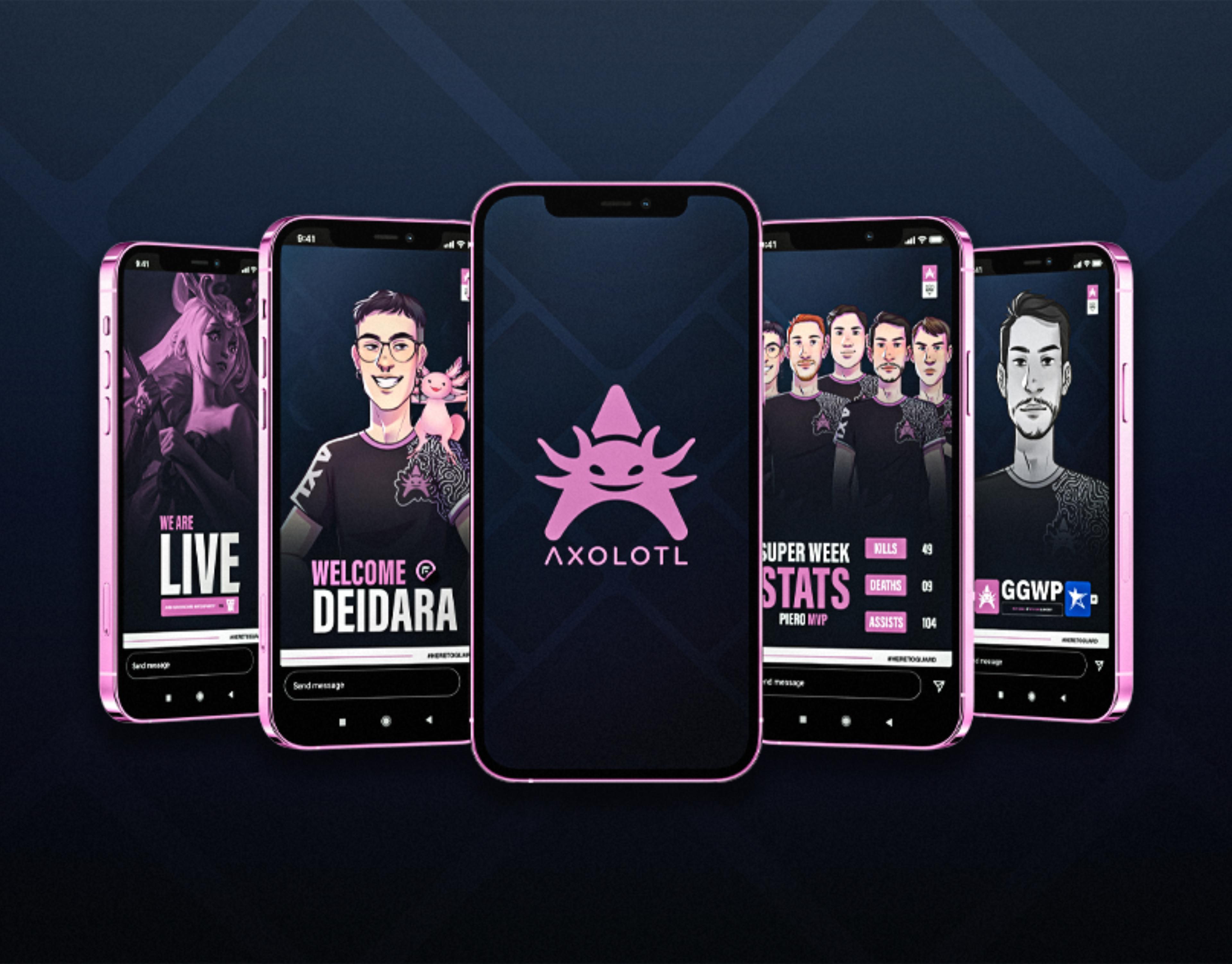 Axolotl project thumbnail. The image shows 5 phone mockups with some graphics displayed on them