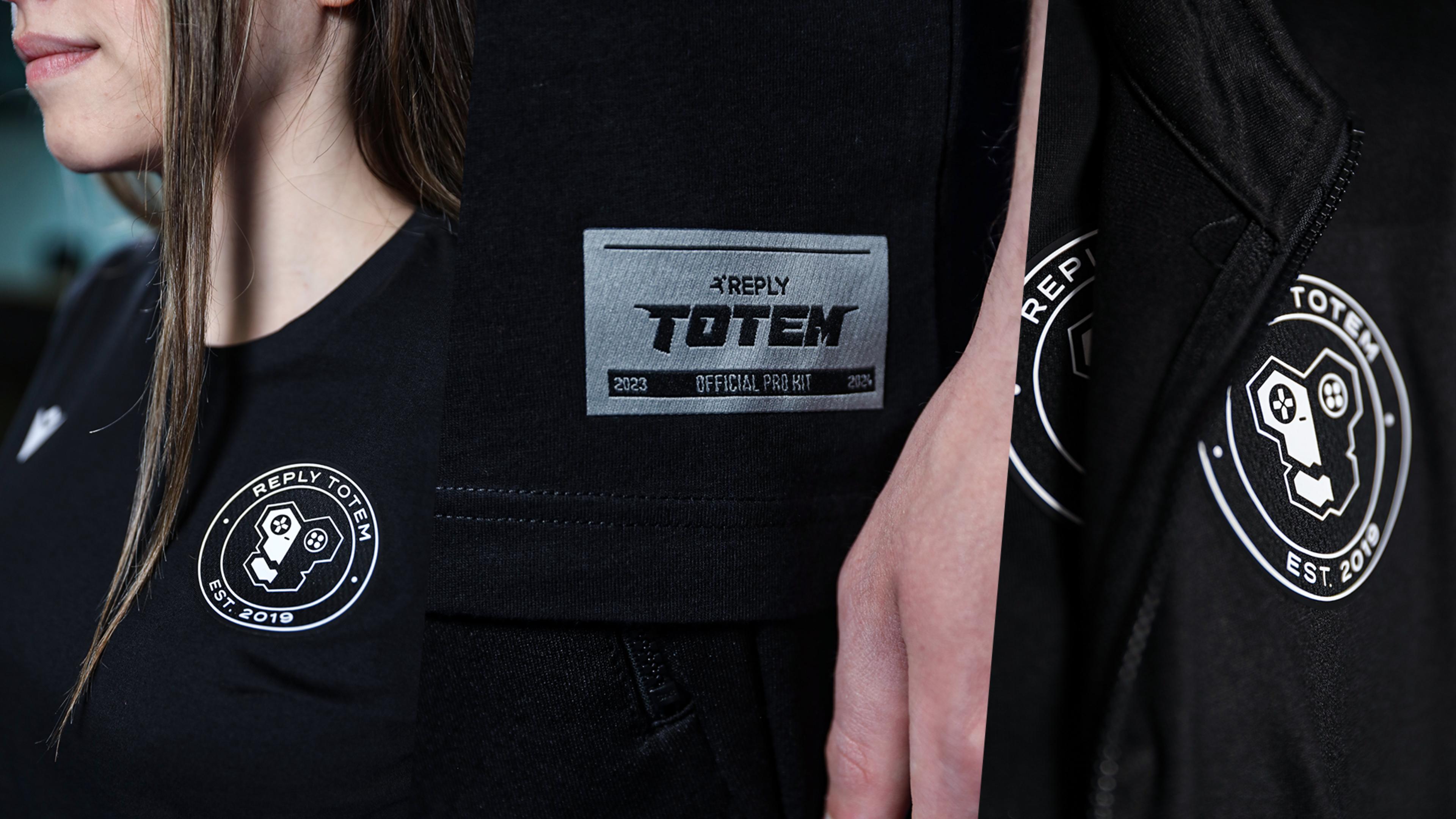 details of the prokit, from left to right: circular "Reply Totem" patch of the "Pro T-Shirt", "Reply Totem Official Pro Kit" label on the "Pro T-Shirt",  circular "Reply Totem" patch of the "Pro Jacket"