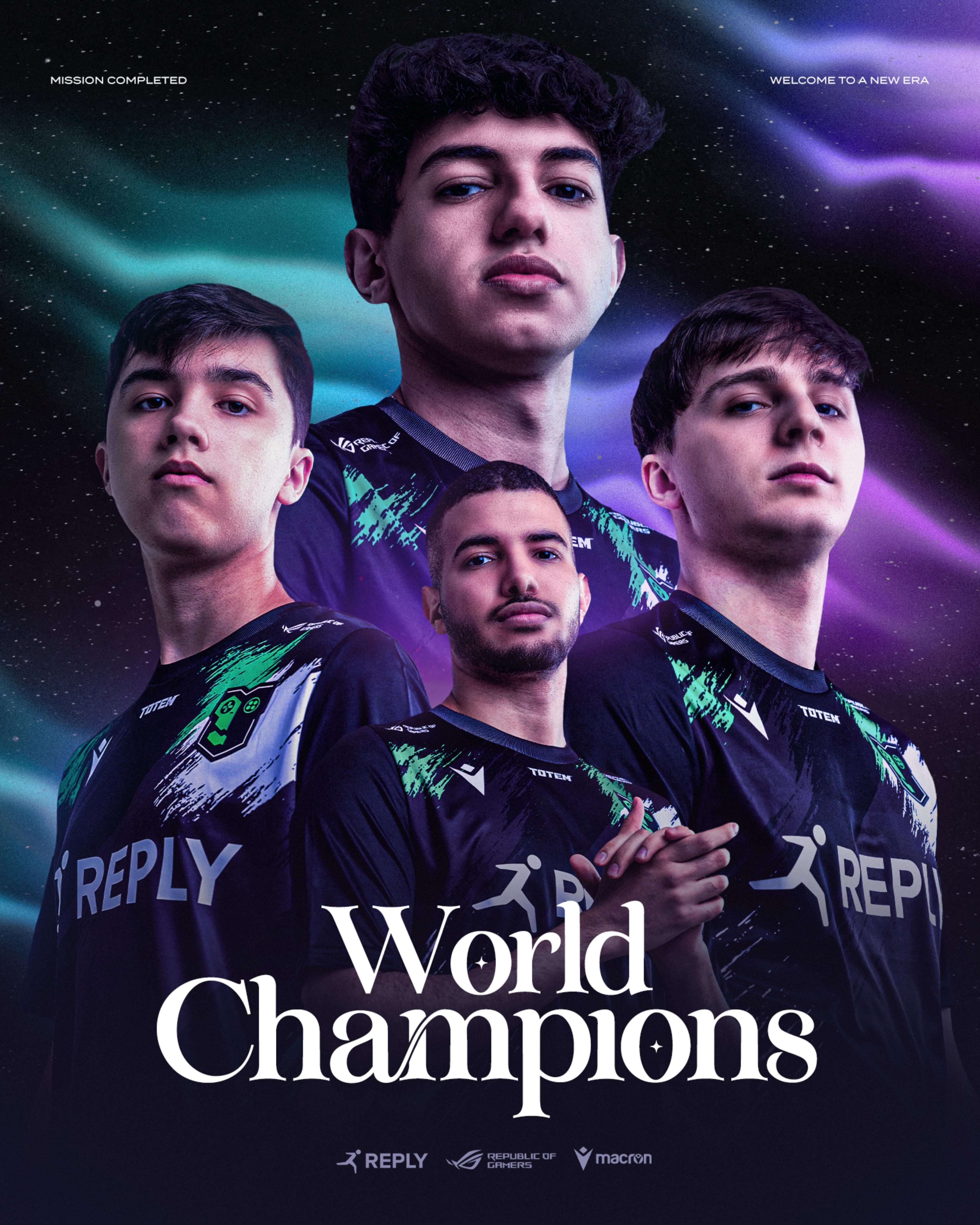 World Champions graphic. The Reply Totem players and the coach, on the background a dark sky with northern lights. On the left Joker, above in the middle Maru, under Role and on the right Maury.,