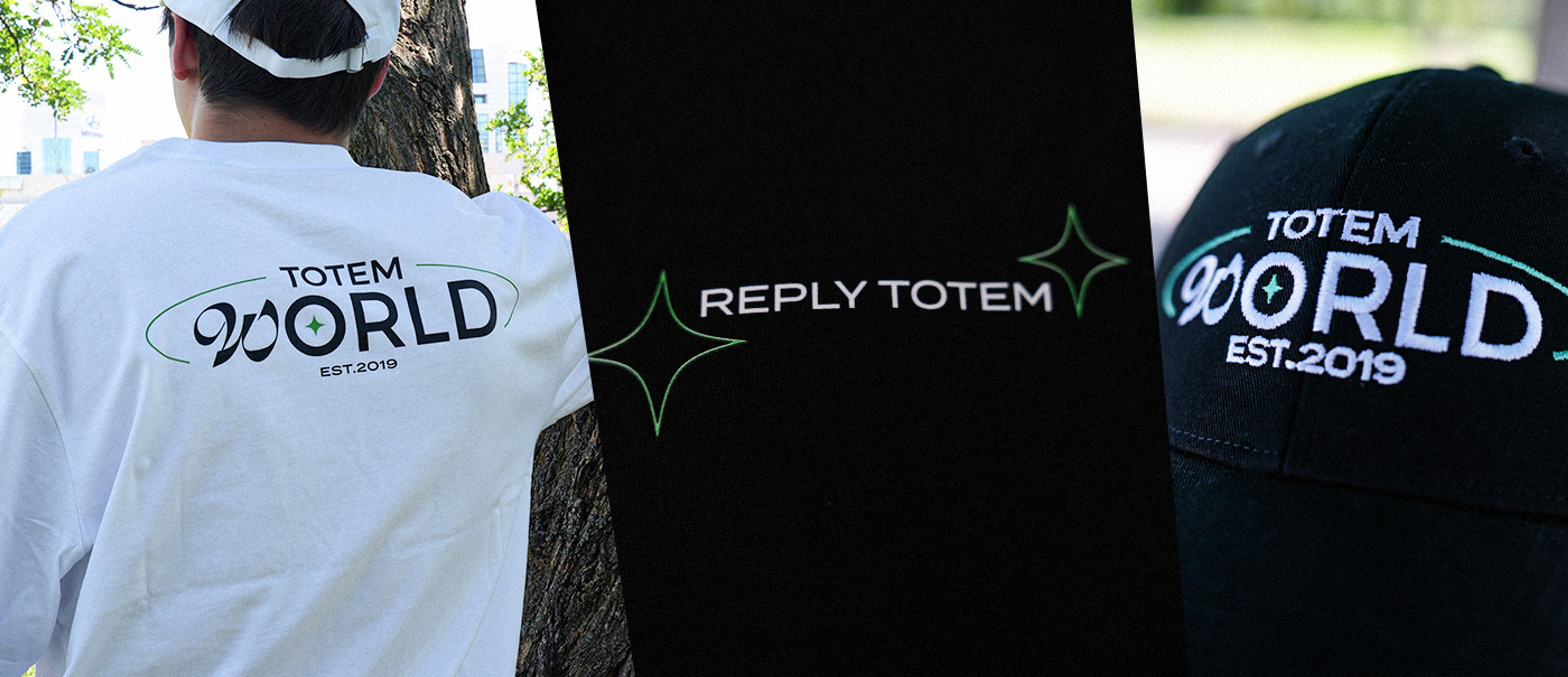 The details of the "Totem World" collection. From left to right: The backside of the "Totem World T-Shirt" white edition, an up-close shot of the front side of the "Totem World T-Shirt" black edition, a photo of the "Totem World Hat" black edition 