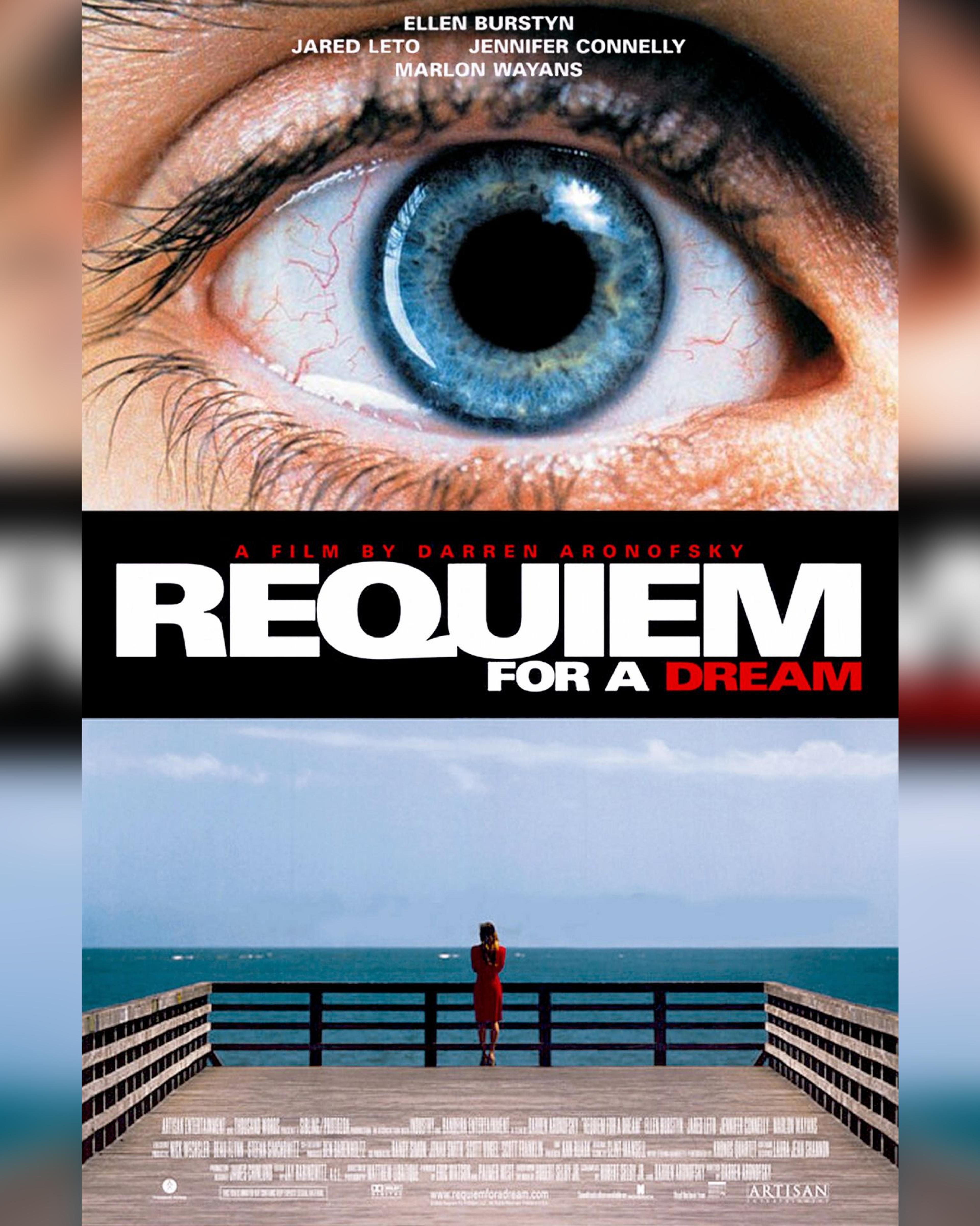 Poster of the movie "Requiem for a dream" featuring an eye at the top and at the bottom a beach view