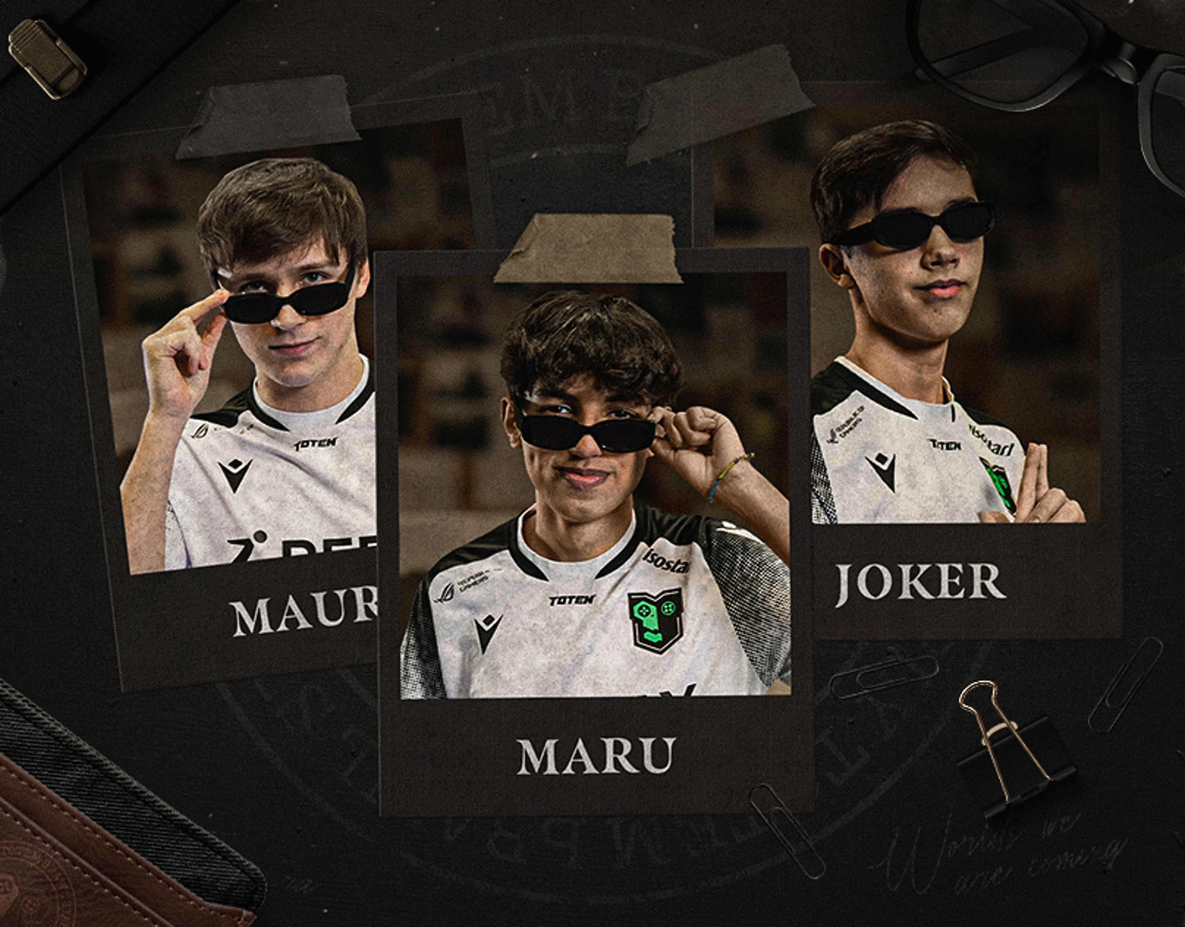 BSC EMEA 2023 thumbnail. A detective table featuring 3 polaroids of the players. From left to right, Maury, Maru and Joker.