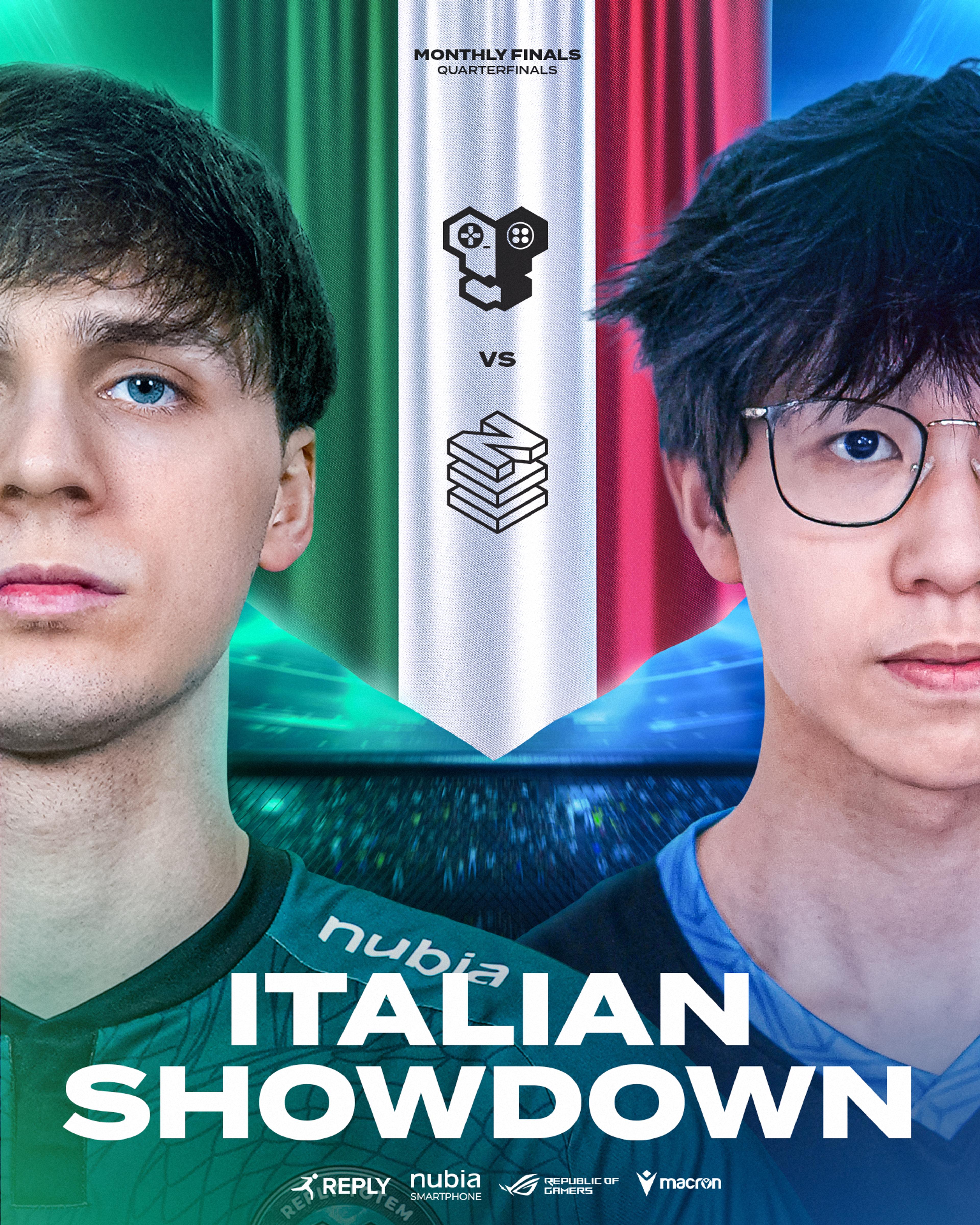 Derby poster of the match between the Italian orgs Reply Totem and Novo Esports. Featuring the two italian players of the organizations, Maury on the left and Marco on the right. An italian flag in the middle with the logos of the teams. ITALIAN SHOWDOWN.