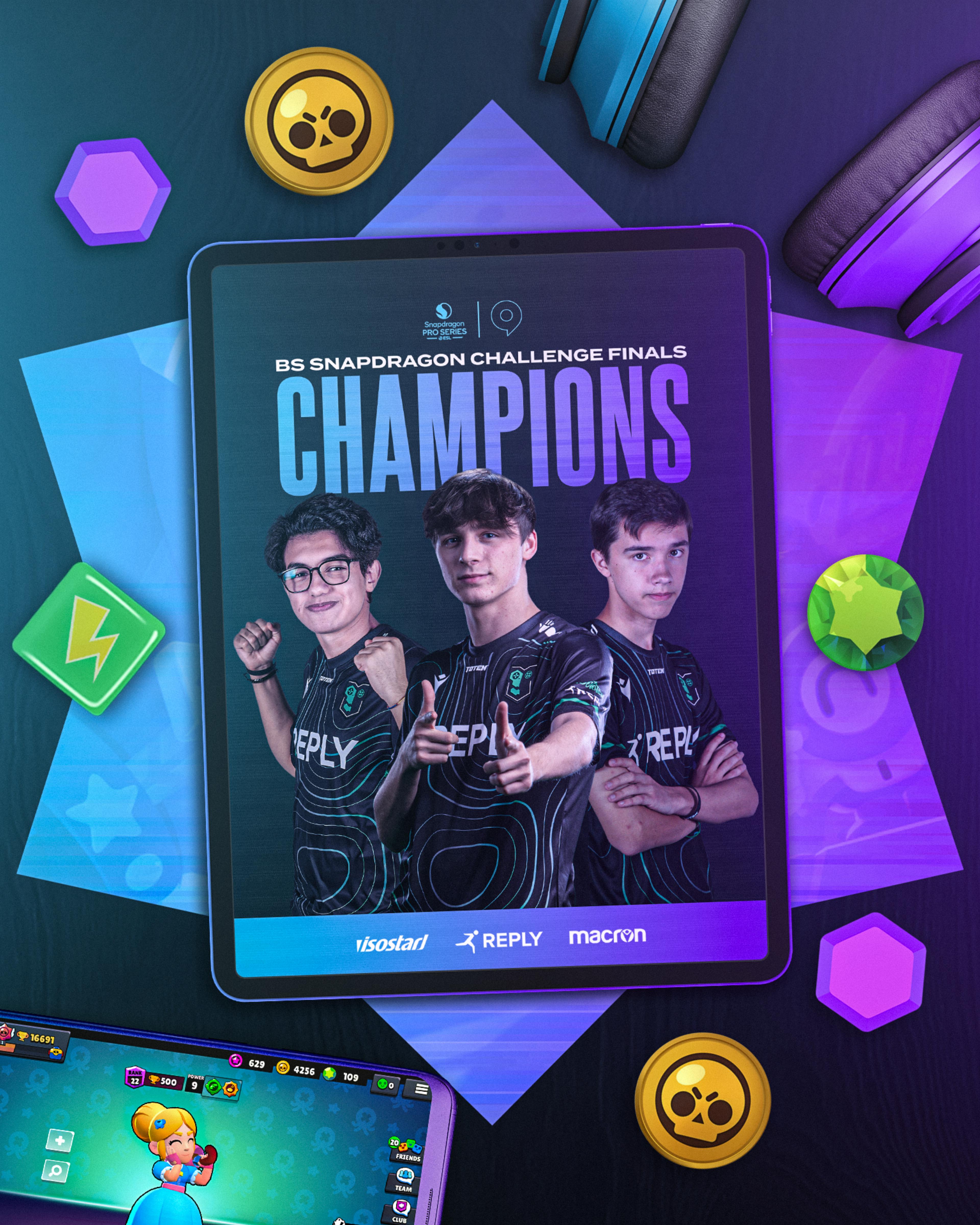 The champions graphic of the "BS Snapdragon Challenge Finals" at Gamescom. The graphic shows a tablet on a table with around different objects related to the game. On the screen of the tablet the three players. From left to right on the screen: Maru, Maury and Joker.