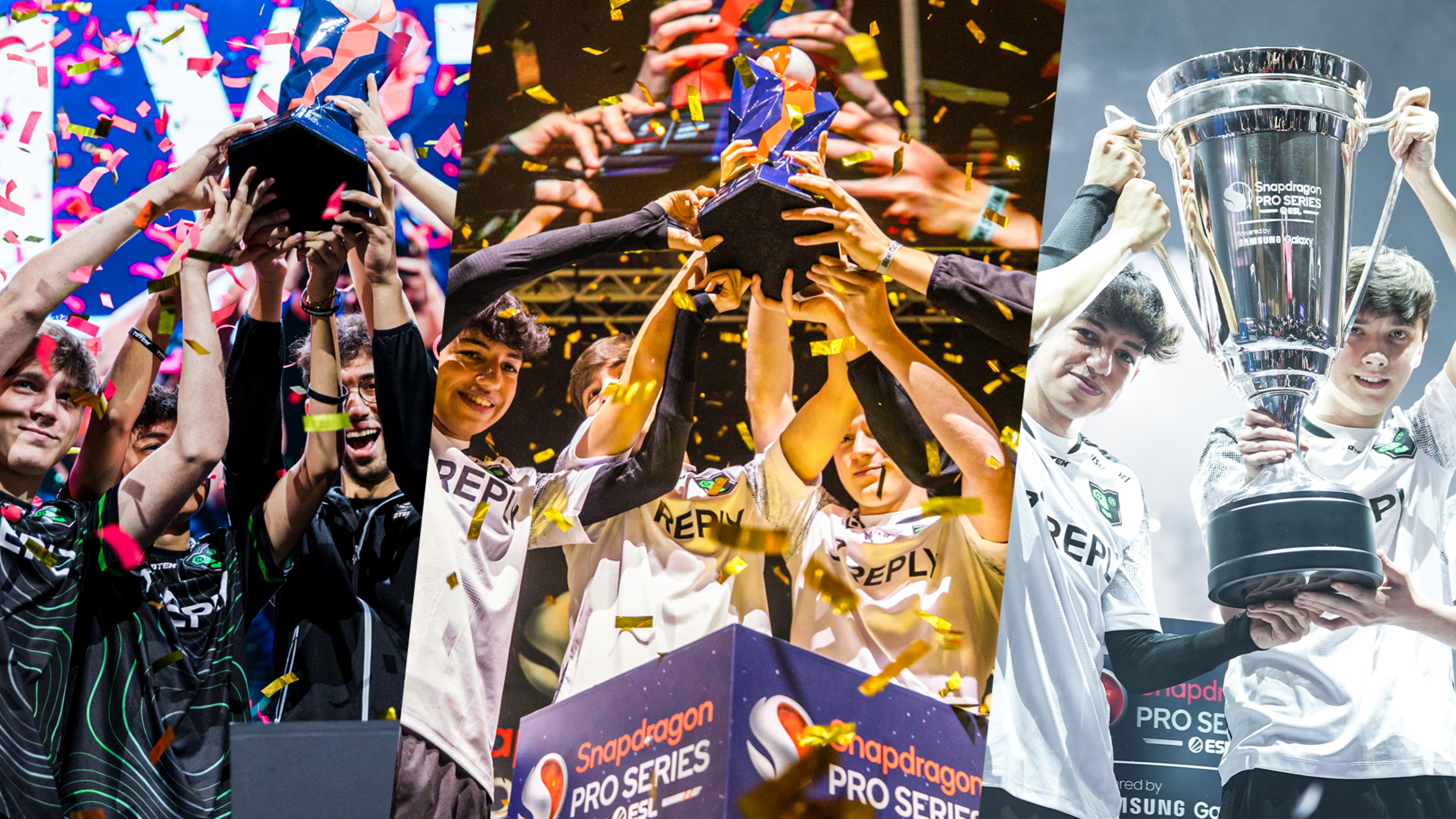 The trophy lift moment of each event, from left to right: Gamescom, Dreamhack Valencia, Japan Masters