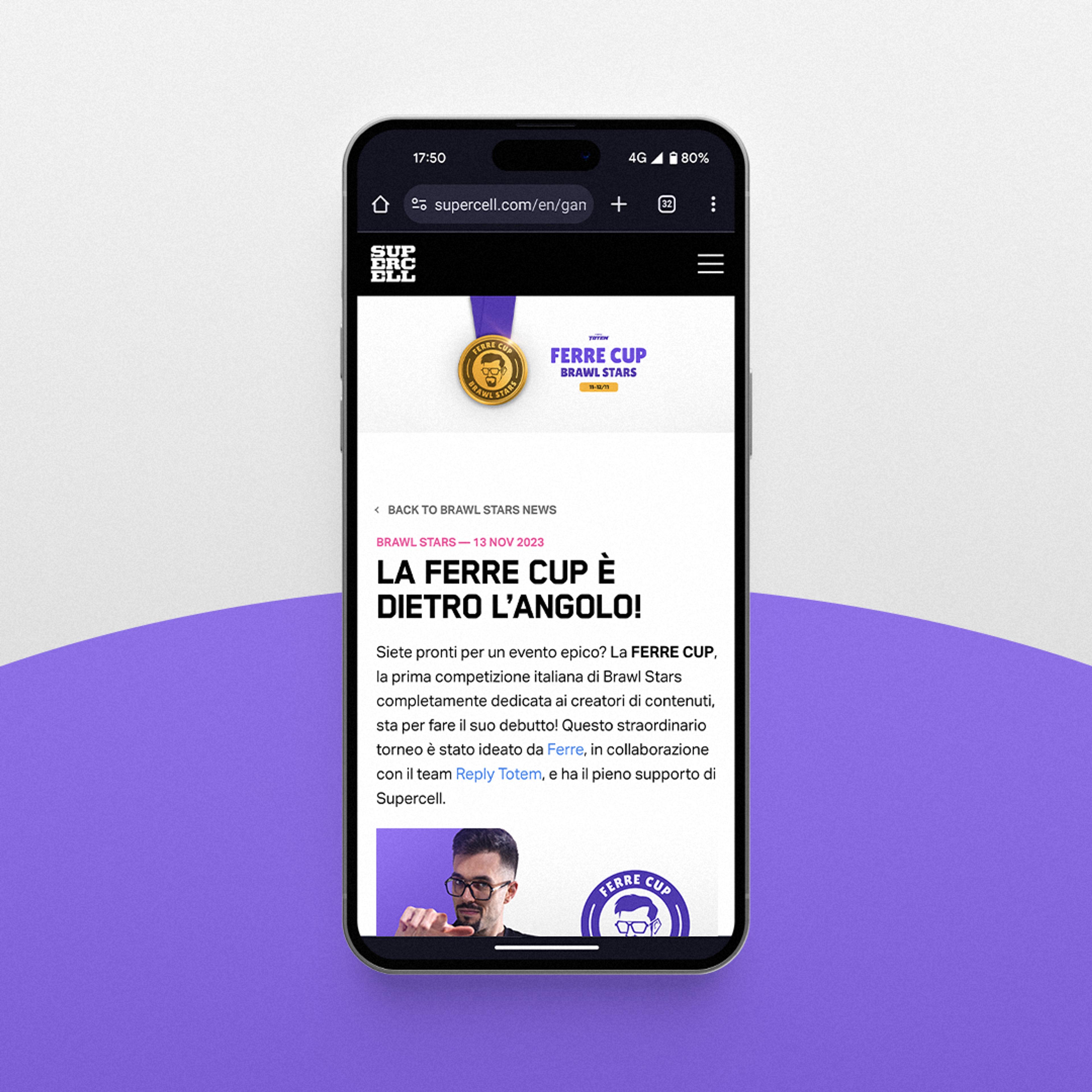 A phone mockup shows the of the Ferre Cup on Supercell's official website