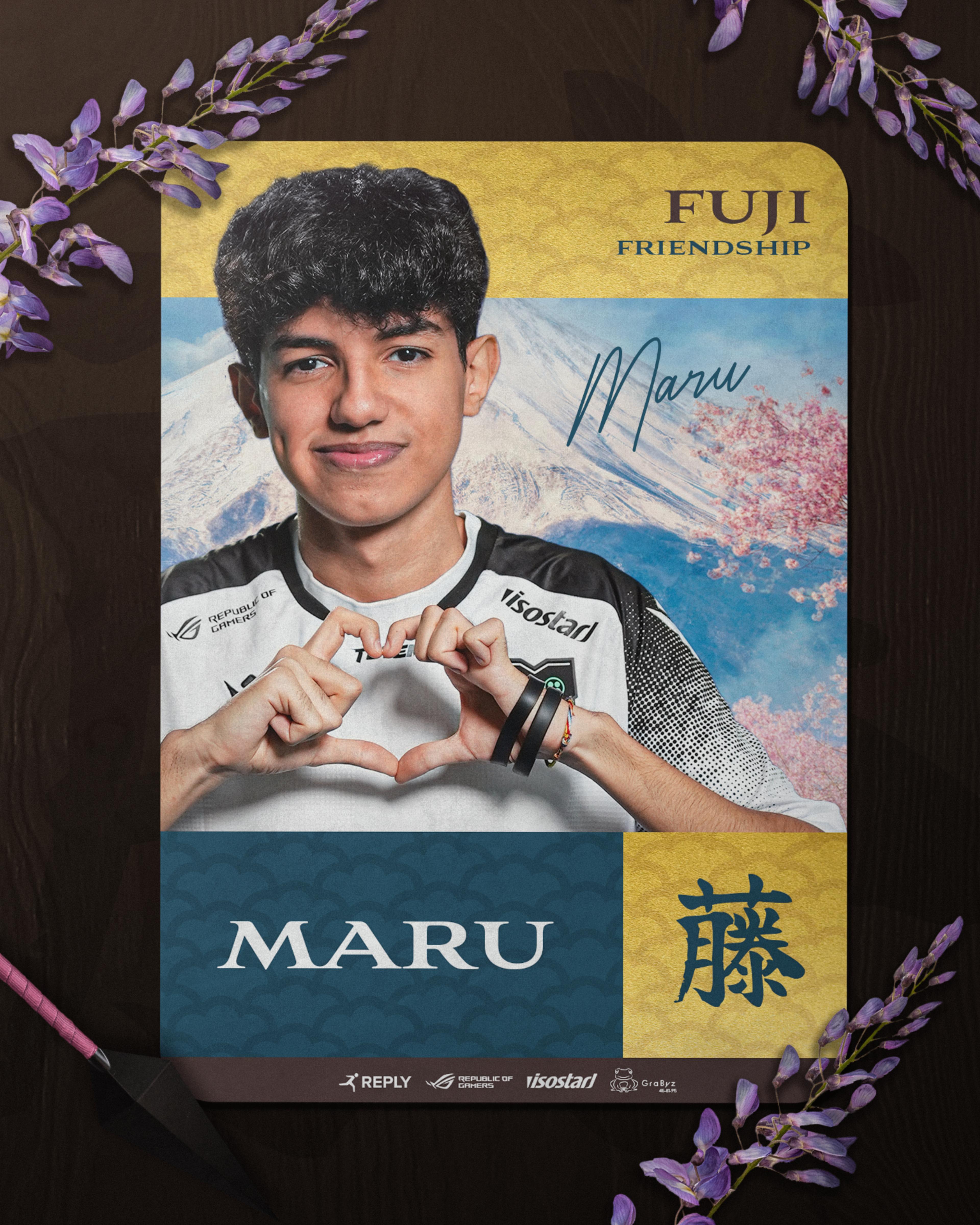 Player spotlight graphic for Maru. The graphic shows a table with Fuji flowers, a kunai and a card for Maru in the middle. Maru - FUJI - Friendship