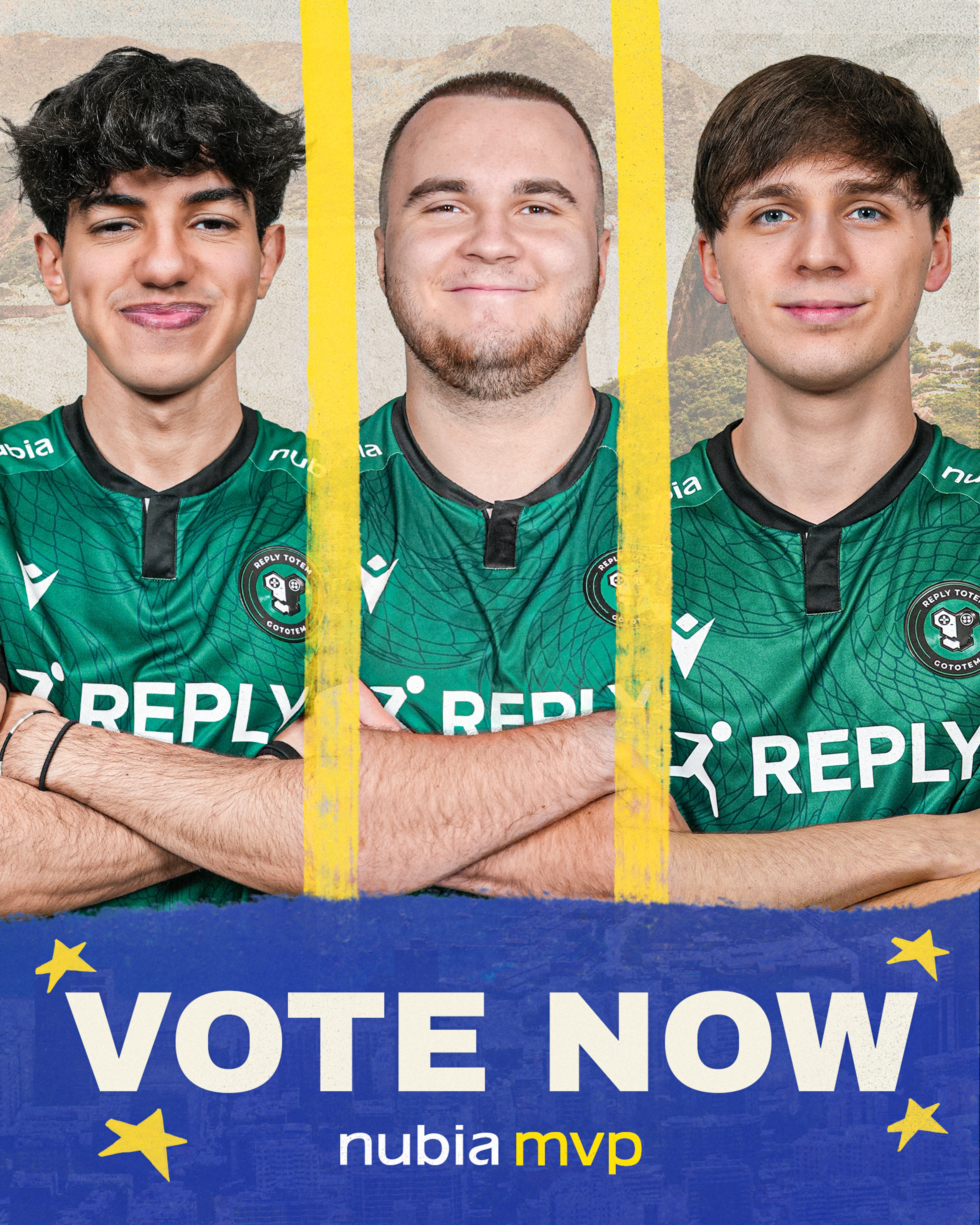 MVP Vote graphic featuring from left to right: Maru Angelboy Maury. VOTE NOW - nubia mvp