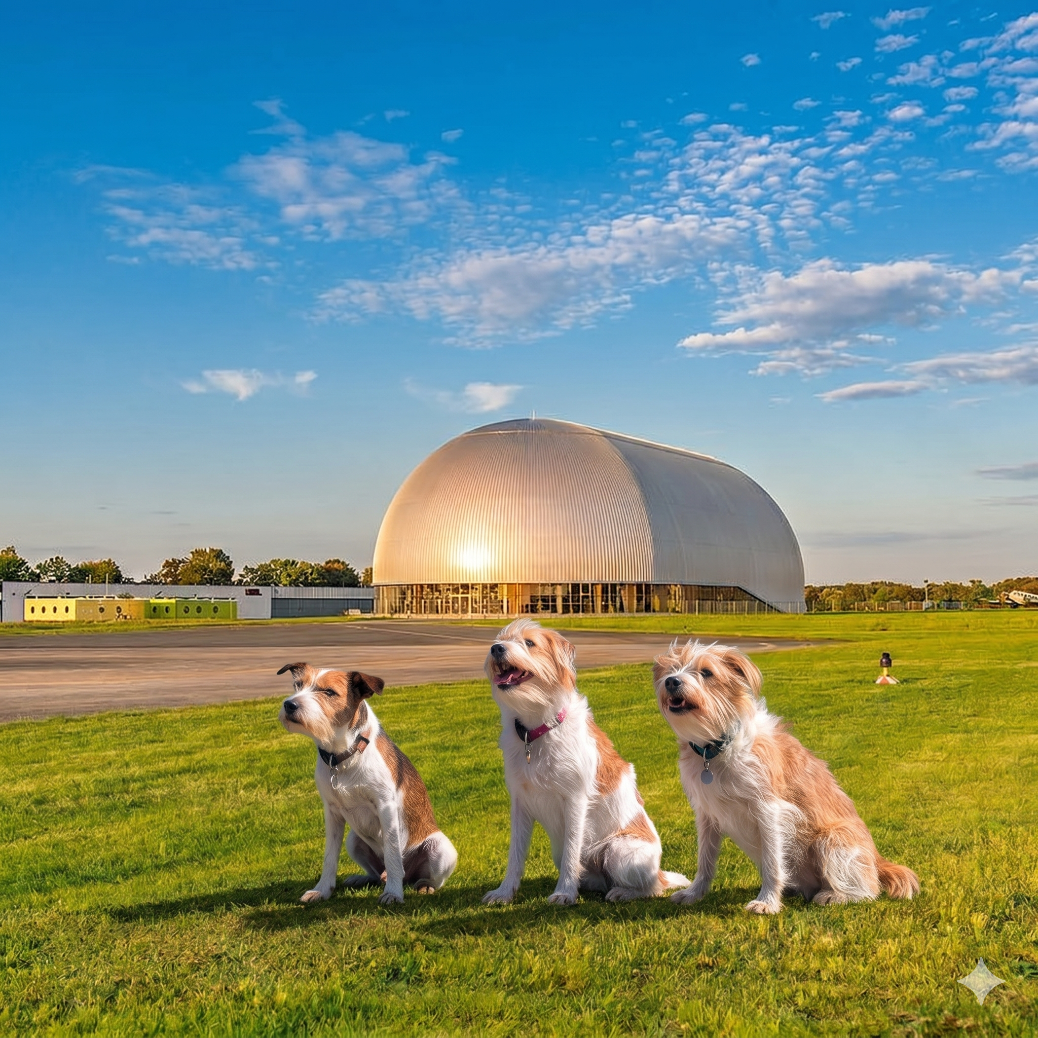 Kromfohrländer vor der Zeppelinhalle Mülheim an der Ruhr