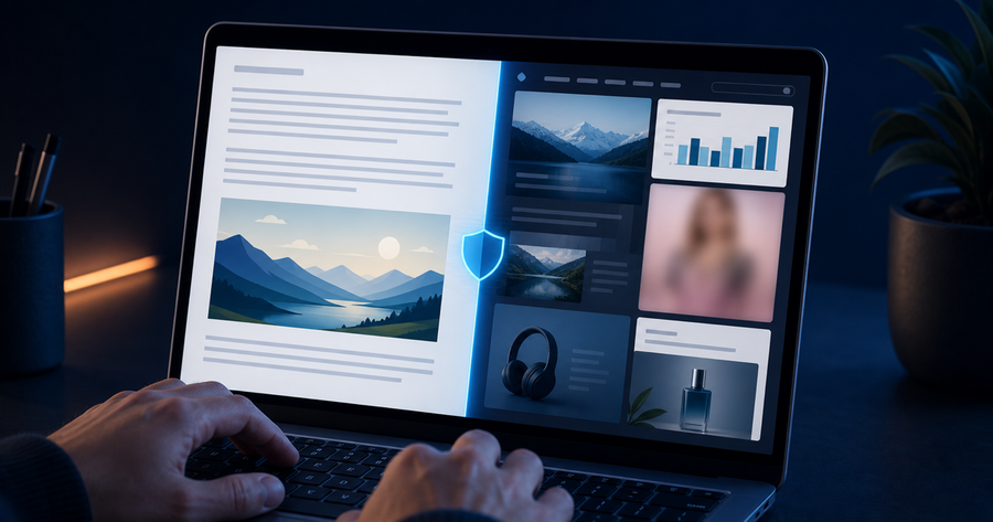 A laptop compares a clean reading view with an ordinary page where one person-centered thumbnail is blurred.