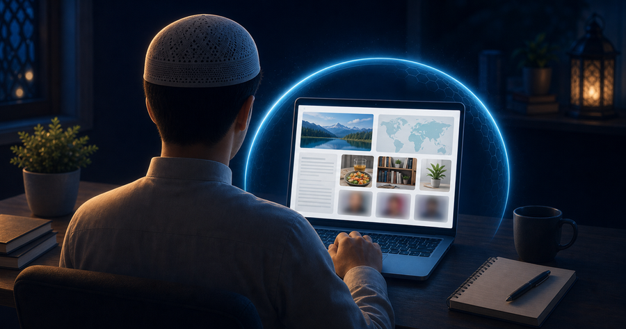 A calm person using a laptop while unexpected visual content is softly obscured