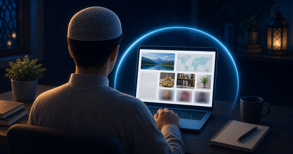 شخص يتصفح بهدوء على حاسوب محمول بينما تُحجب بلطف عناصر بصرية غير مرغوبة