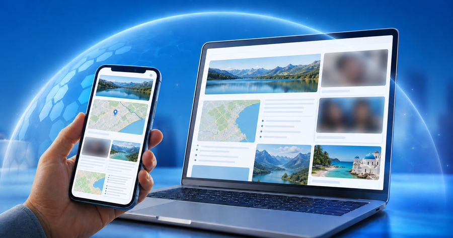 A calm browser scene surrounded by search, network, device, and in-page visual protection layers