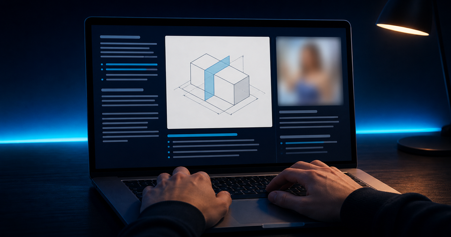Hands use a laptop showing sharp tutorial content beside one realistically blurred person-centered thumbnail.