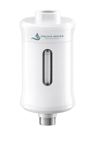Pruvia Shower and Tap Water Softener Filter PRV-S06 in white, mounted on chrome shower pipe