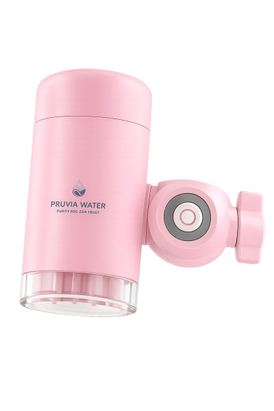 Pruvia Mini Faucet Water Filter PRV-T02 in pink mounted on a kitchen tap with water flowing