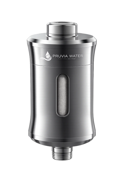 Pruvia Shower and Tap Water Softener Filter PRV-S07 in chrome finish mounted on shower pipe
