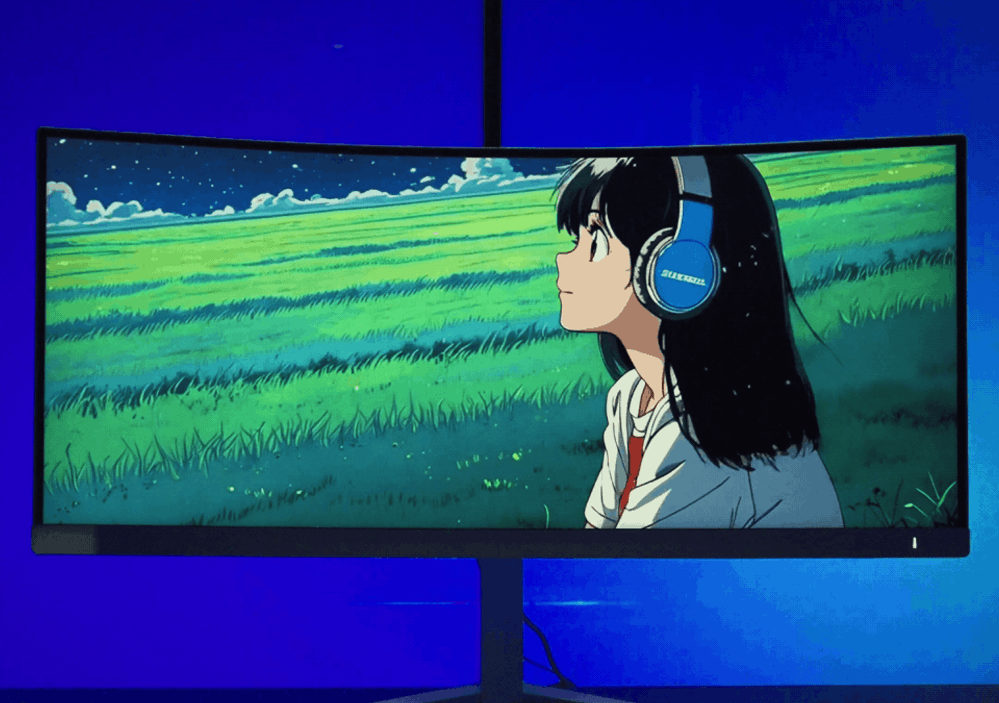 Curved ultrawide gaming monitor displaying an abstract pastel-colored wallpaper, mounted on a black stand against a softly illuminated pink and purple background.
