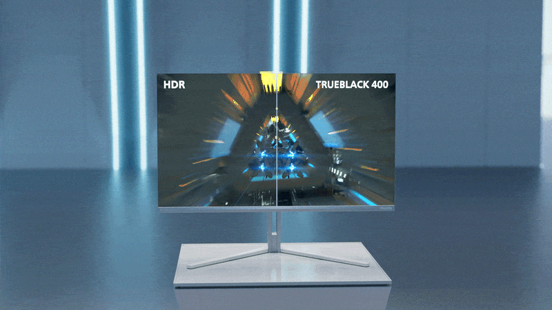 Comparison of HDR and HDR TrueBlack 400 on Philips EVNIA monitor showing deeper blacks, richer colors, and enhanced detail