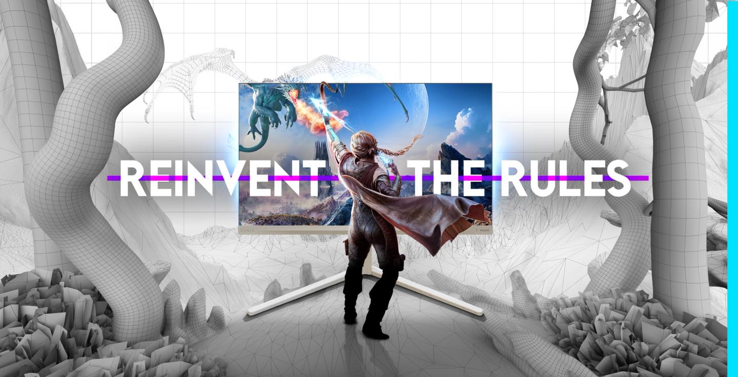 Een fantasypersonage richt met pijl en boog buiten een Evnia-monitor, met de zin “Reinvent the Rules” ertussen.