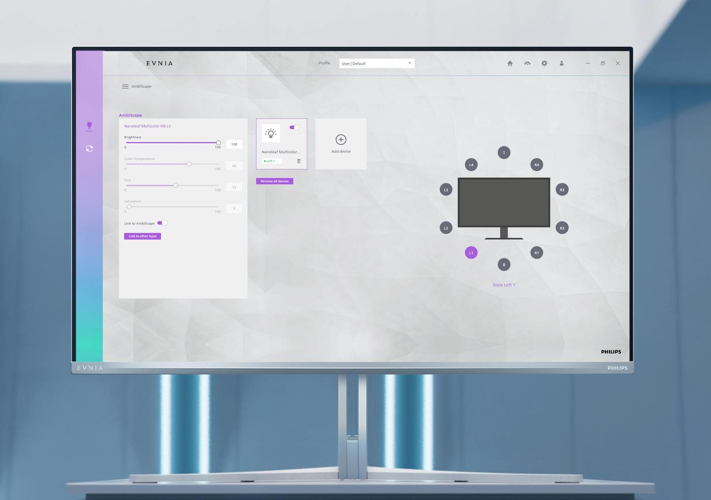 Philips Evnia gaming monitor displaying the Ambiglow settings interface, with customizable lighting controls and a screen layout preview, against a modern blue-lit background.