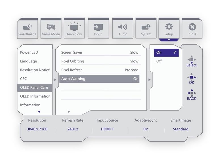 Philips Evnia monitor OSD menu showing OLED Panel Care settings, with Auto Warning set to On under the Setup tab.