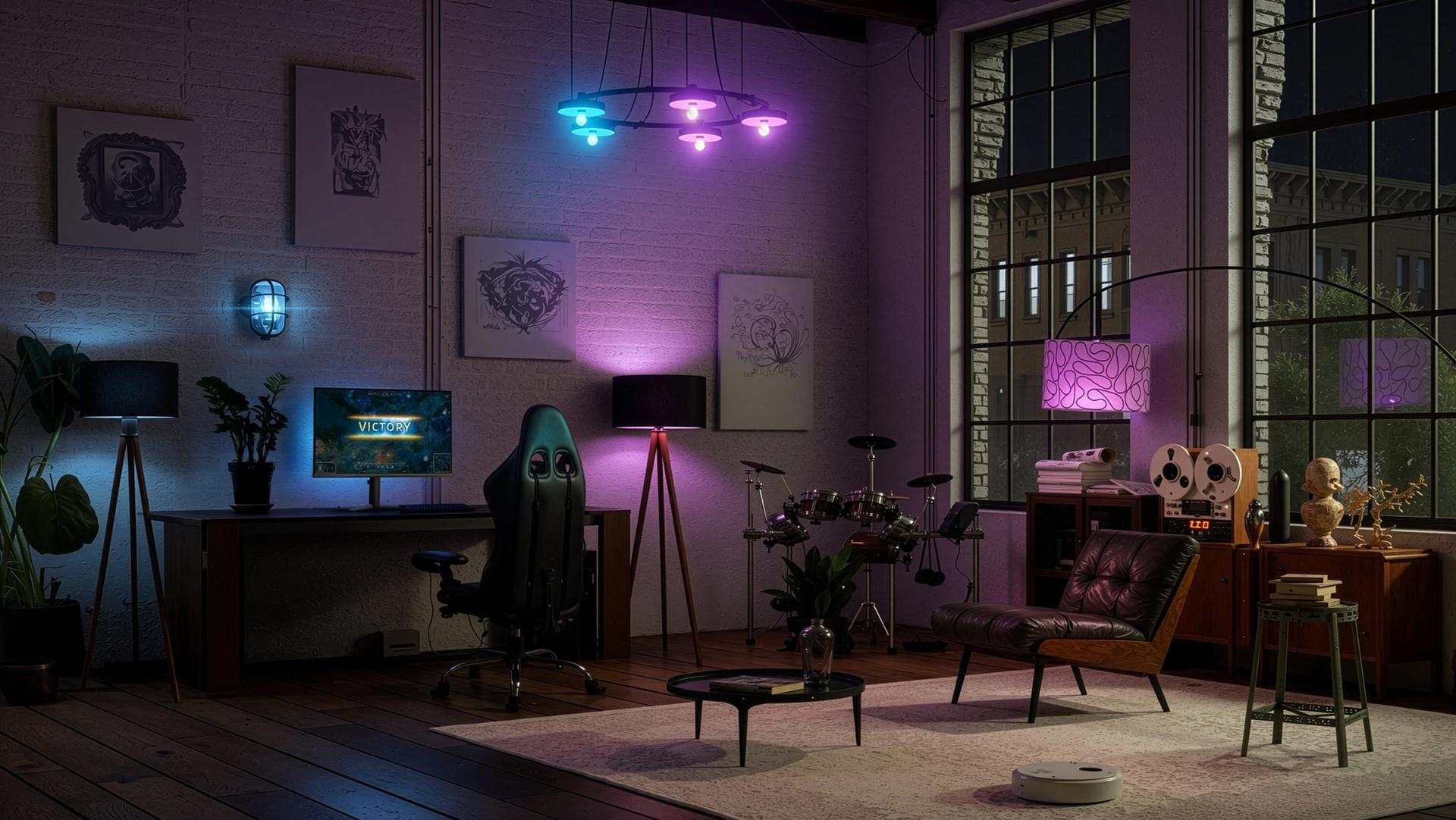 Görüntüde Evnia monitörlü bir oturma odası ve etkinleştirilmiş AmbiScape görülüyor