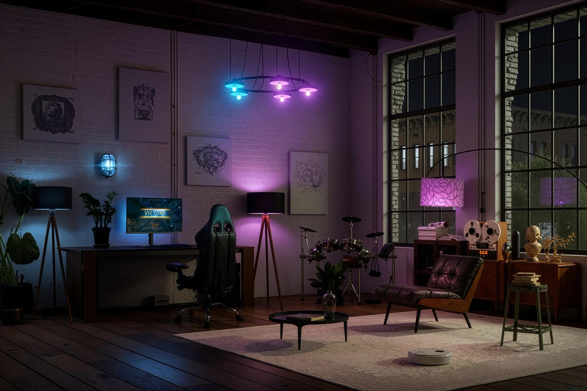 Ambient-lit gaming room with smart lights and monitor setup, showcasing room-synchronised lighting that reacts to on-screen content
