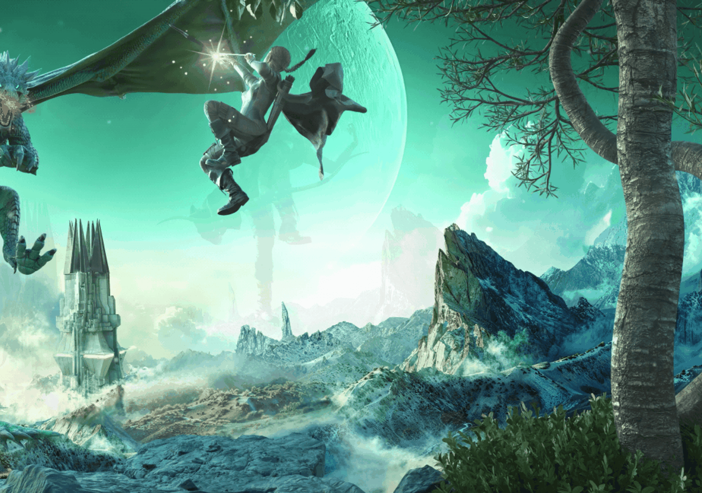 Fantasy landscape featuring a flying dragon surrounded by glowing magic, a towering castle, snow-covered mountains, and a massive moon against a vibrant green sky.