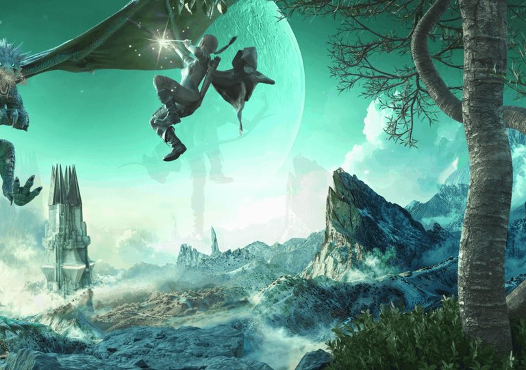 Fantasy landscape featuring a flying dragon surrounded by glowing magic, a towering castle, snow-covered mountains, and a massive moon against a vibrant green sky.