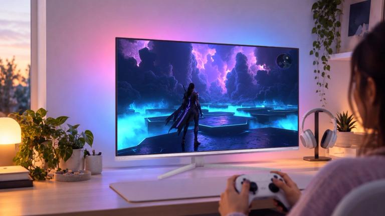 Gamer playing on a Philips Evnia monitor in a colorful ambient-lit gaming setup.