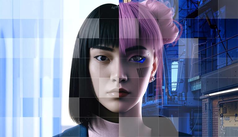 Gesplitst gezicht van een gamepersonage, met aan de ene kant haar echte uiterlijk en aan de andere kant haar verschijning in het spel.