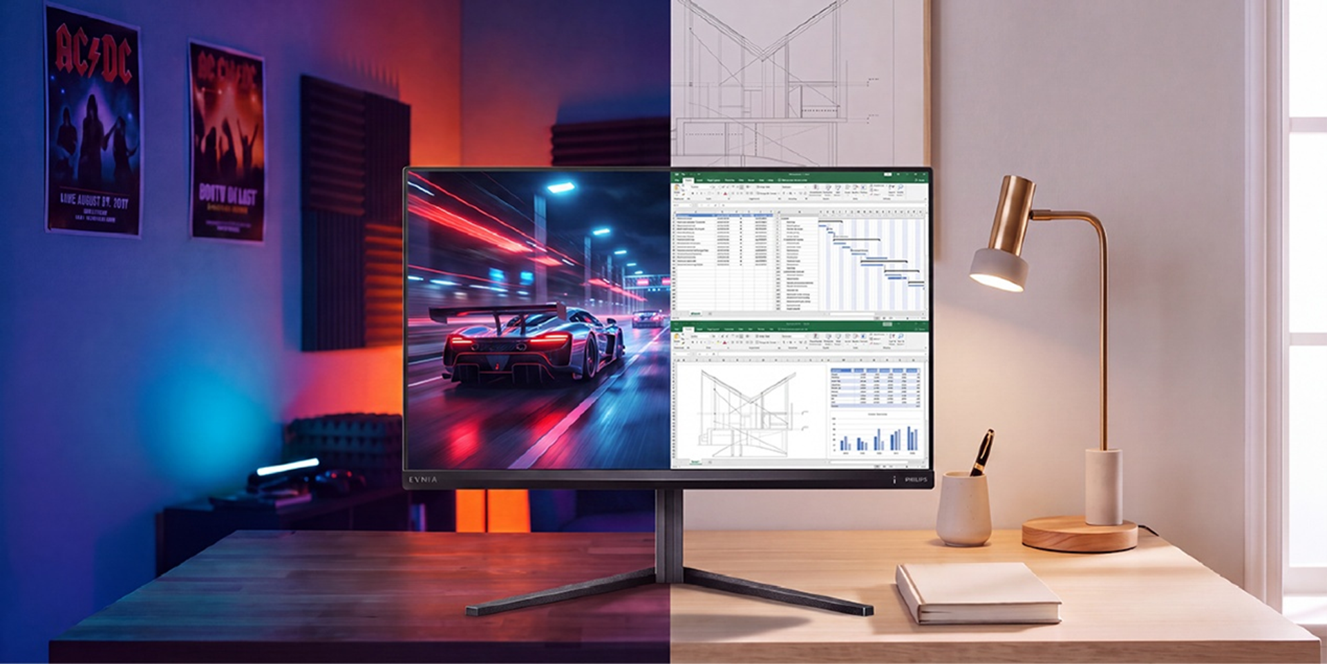 Philips Evnia dual mode monitor in use