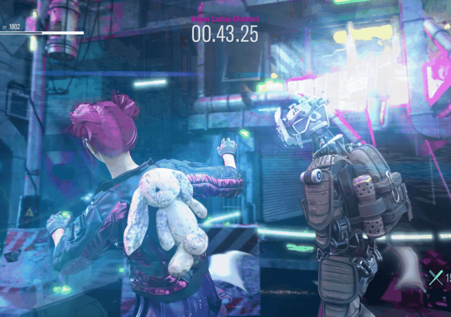 Anime-style cyberpunk video game scene featuring a purple-haired female character in a futuristic tactical outfit, holding a weapon in a neon-lit city street with vibrant pink and blue lighting. Is this conversation helpful so far?