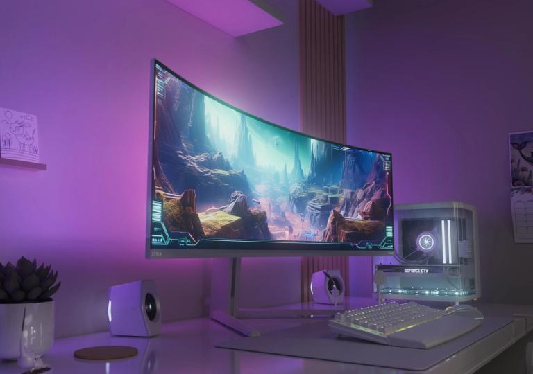 Modern gaming setup featuring a curved ultrawide Philips Evnia monitor displaying a fantasy game landscape, with white speakers, RGB-lit keyboard, and gaming PC, illuminated by purple ambient lighting.