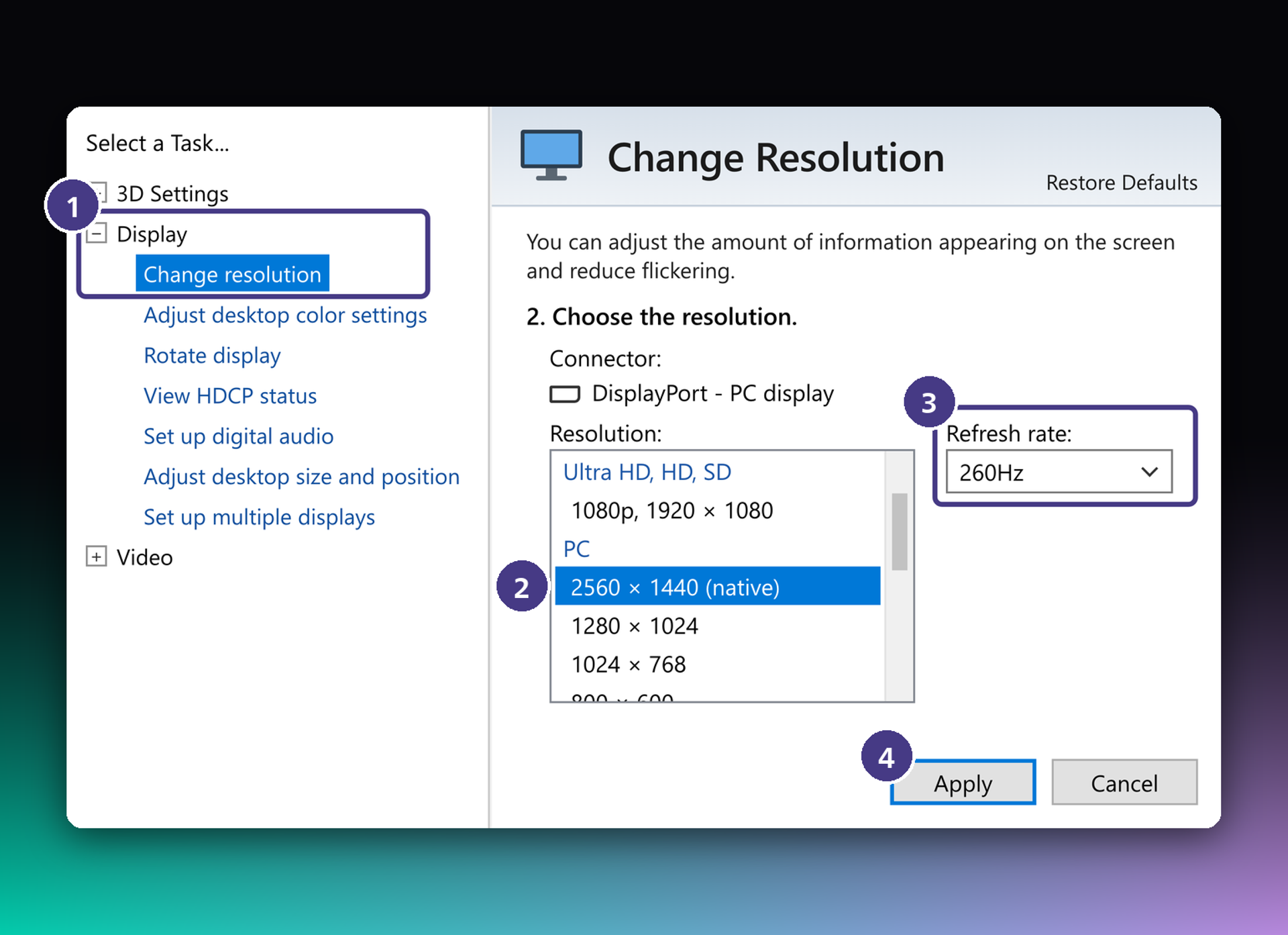 NVIDIA Control Panel showing how to set a 260 Hz refresh rate at 2560 × 1440 resolution for a Philips Evnia gaming monitor.  Copy alt text