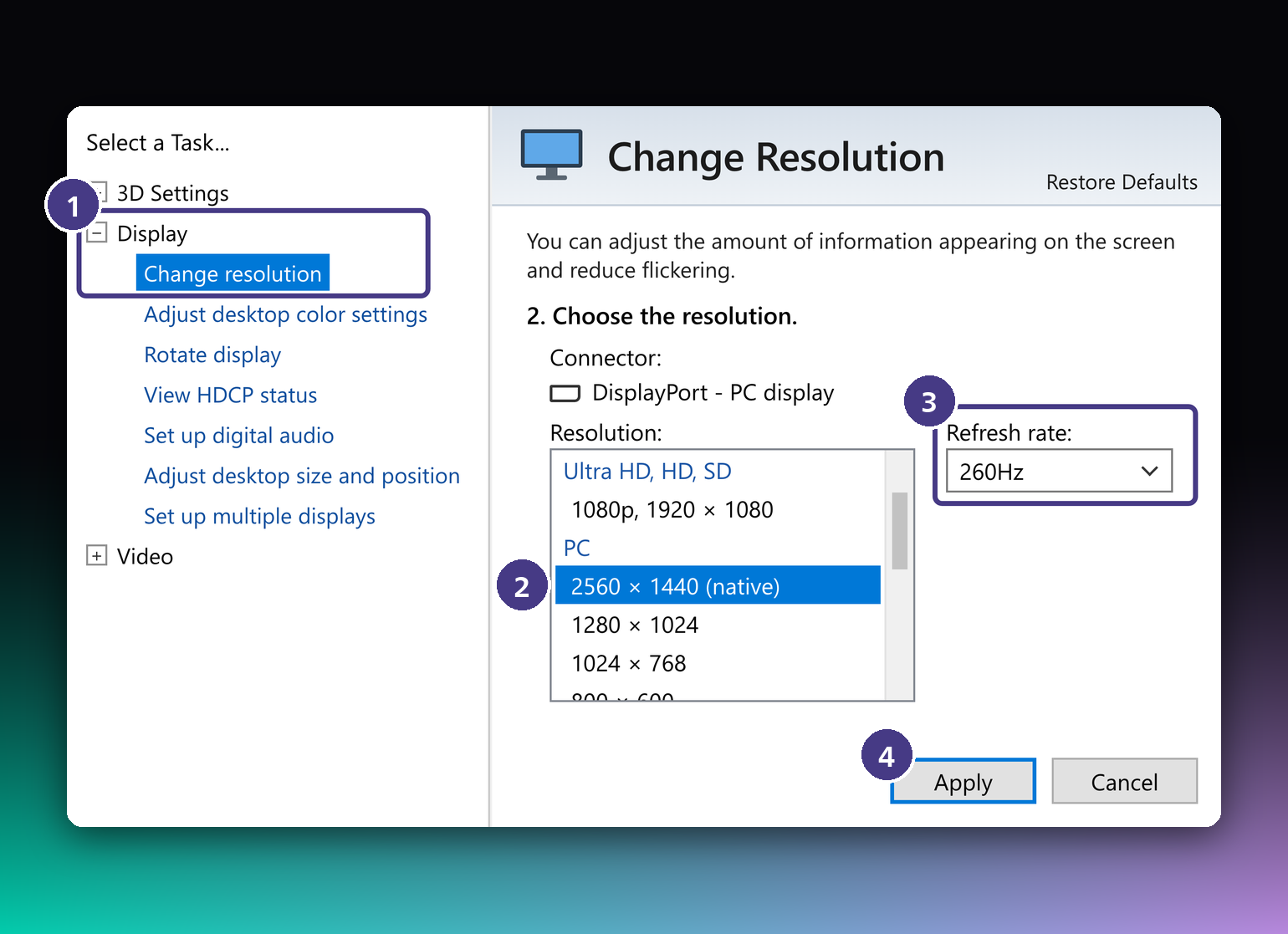 NVIDIA Control Panel showing how to set a 260 Hz refresh rate at 2560 × 1440 resolution for a Philips Evnia gaming monitor. Copy alt text