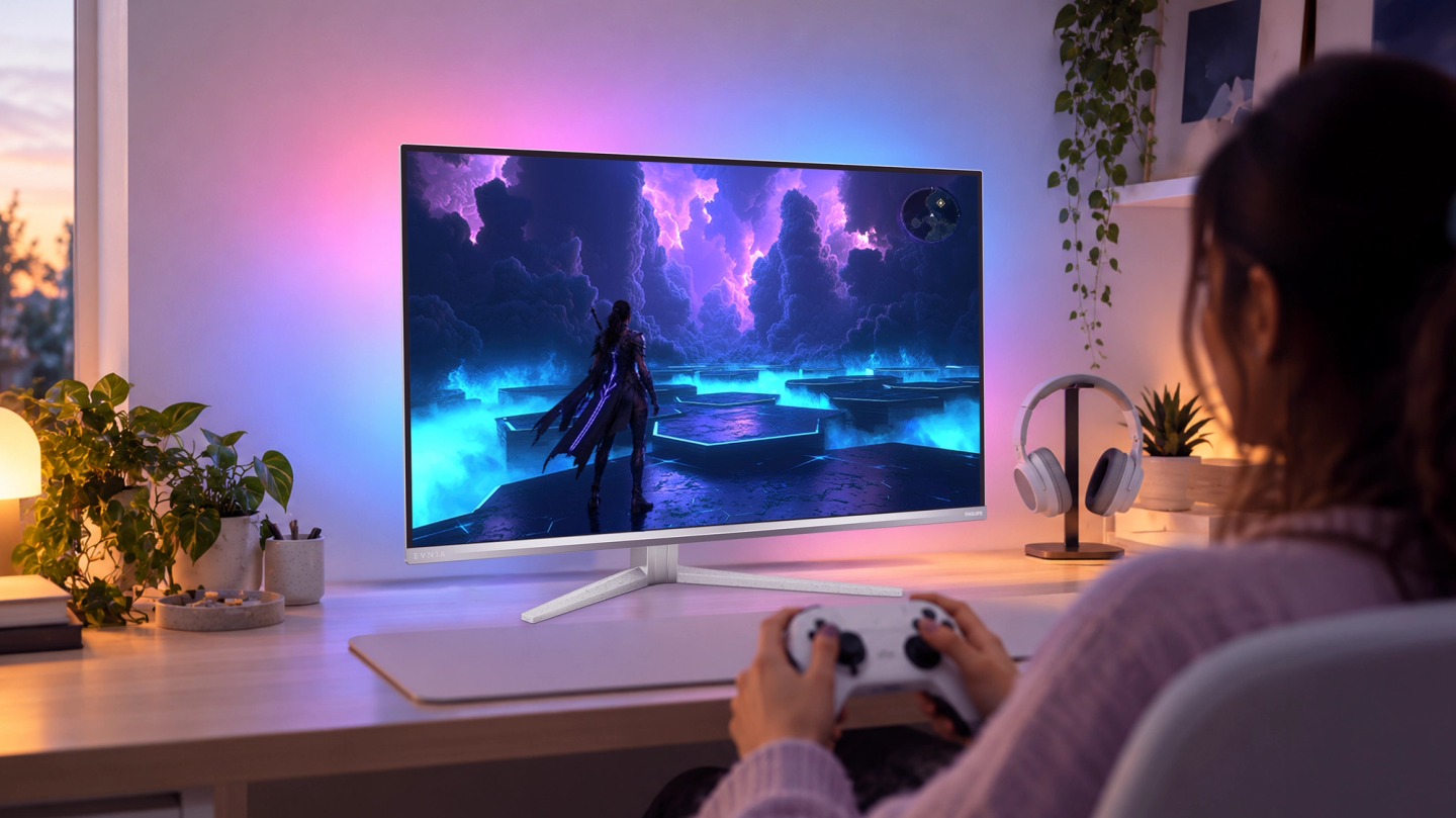 Igrač igra na Philips Evnia monitoru u gejming postavci sa živopisnim ambijentalnim osvetljenjem.