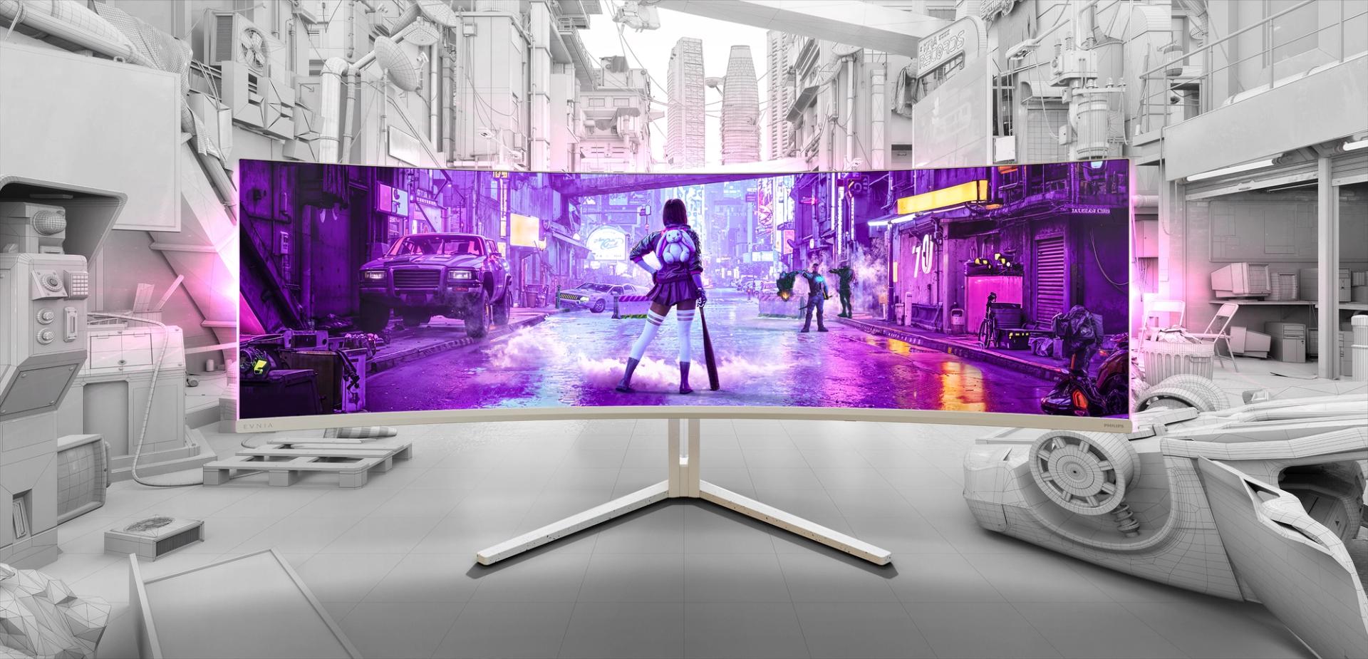 Fille de jeu vidéo, de dos, tenant une batte dans une rue vide, affichée à l’intérieur d’un moniteur entouré d’éléments de code de jeu non colorés.