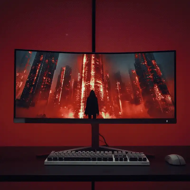 Evnia monitor with dynamic ambient lighting and changing images on the display